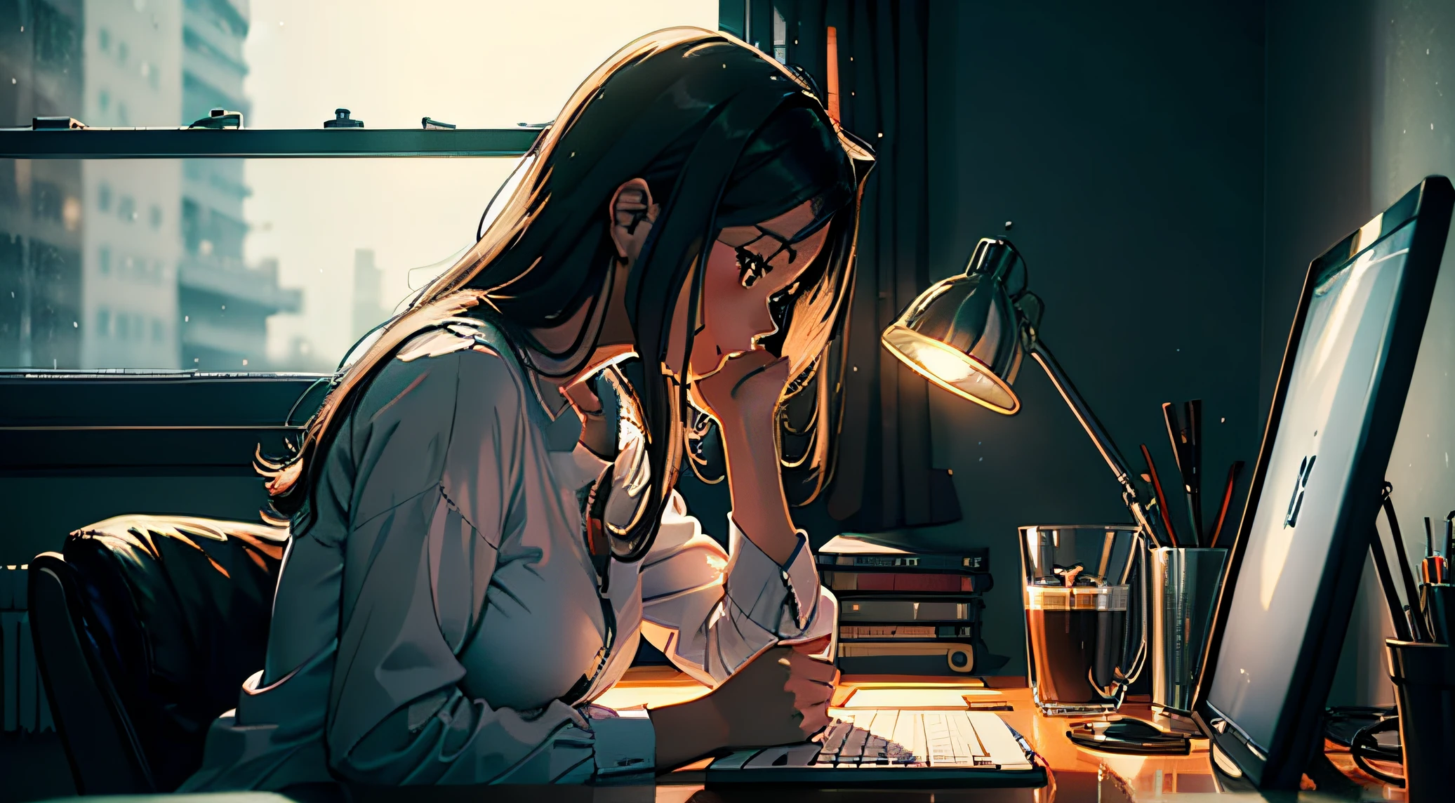 in the bedroom, A young woman studying sitting in front of the computer, is in profile, hot coffee in a mug, glass window in the background, raining, playing cat, anime, realistic