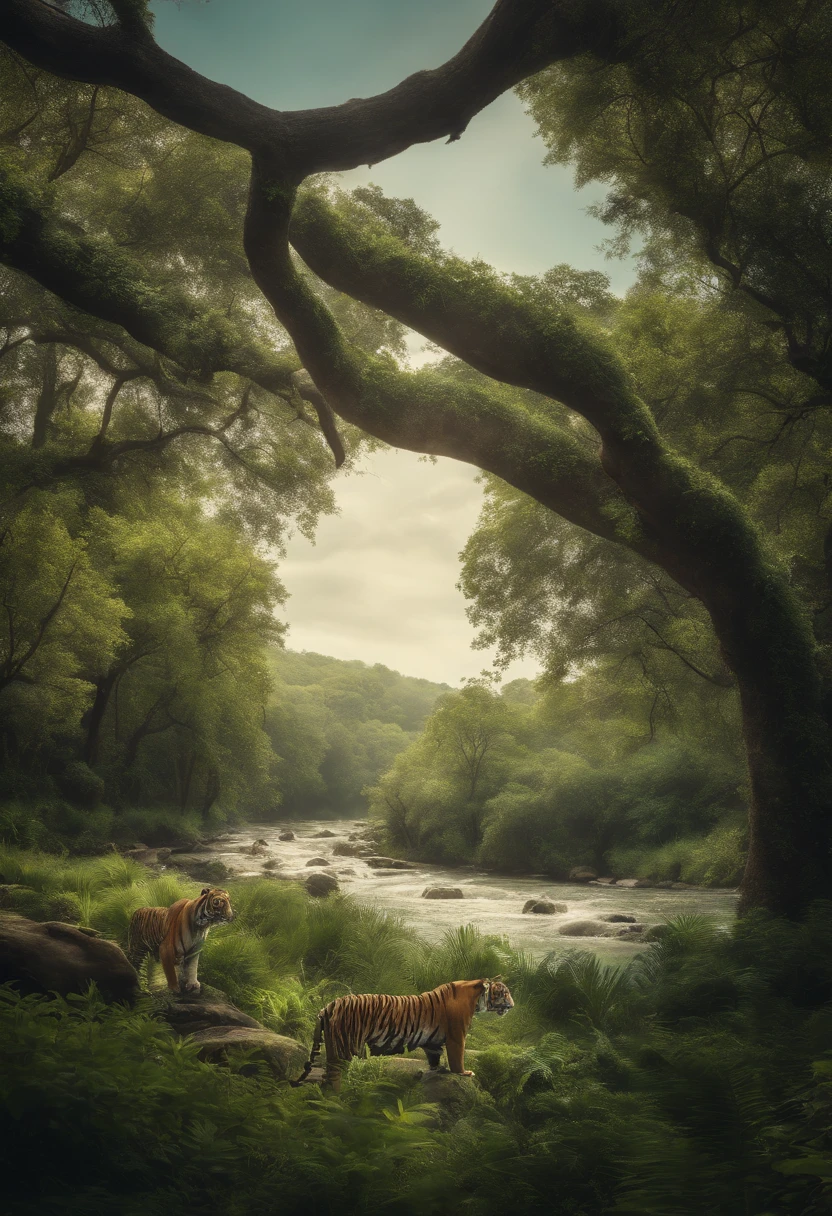 A forrest with tall and green trees surrounded by wild animals such as tigers and monkeys, complemented by a river and a blue sky