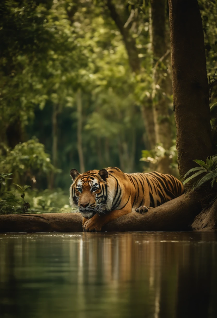 A forrest with tall and green trees surrounded by wild animals such as tigers and monkeys, complemented by a river and a blue sky