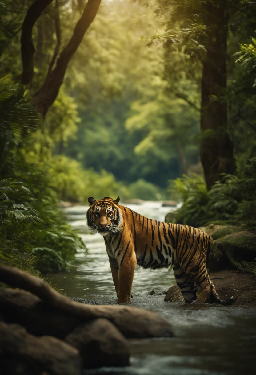 A forrest with tall and green trees surrounded by wild animals such as tigers and monkeys, complemented by a river and a blue sky