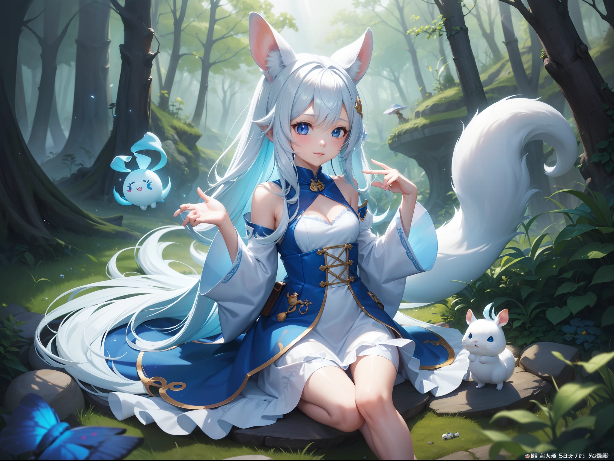In the forest、There is a small white rabbit with long ears, White long ears、I'm with a pretty girl with long blue hair。It is a cute costume in white and blue。Dark eyes。cute forest creature, Cute mushrooms also grow、Adorable Digital Painting, cute detailed digital art, the squirrel king, Cute digital art, cute cartoon characters, cute character, CuteCreatures, Cutie, official illustrations, Official art, squirrel, maplestory mouse, astri lohne, cute 3d render