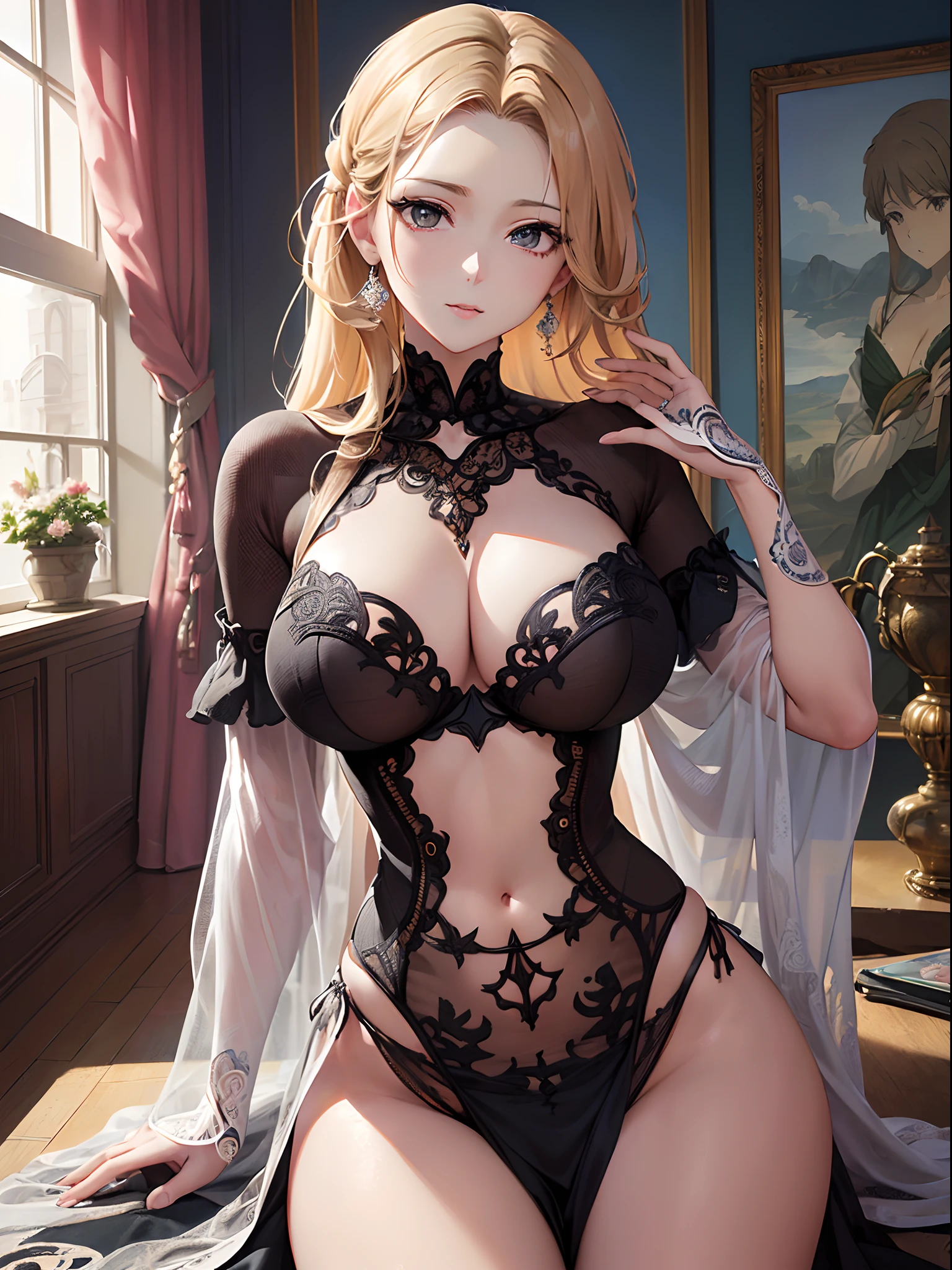 (Finest quality)),(超A high resolution),(ultra-detailliert),(Meticulous portrayal),((Best Anime)),(Finest works of art),Ultra-Precision Art,The art of astounding depiction, (1 woman of tall stature),((Dress with detailed depiction:1.5),Detailed depiction embroidery, counter,Slouching posture:1.5,Posture with emphasis on the chest