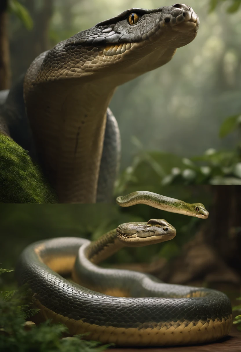a titanoboa snake and a common snake side by side, full length, 3D, high quality, 8k, film lighting, realistic
