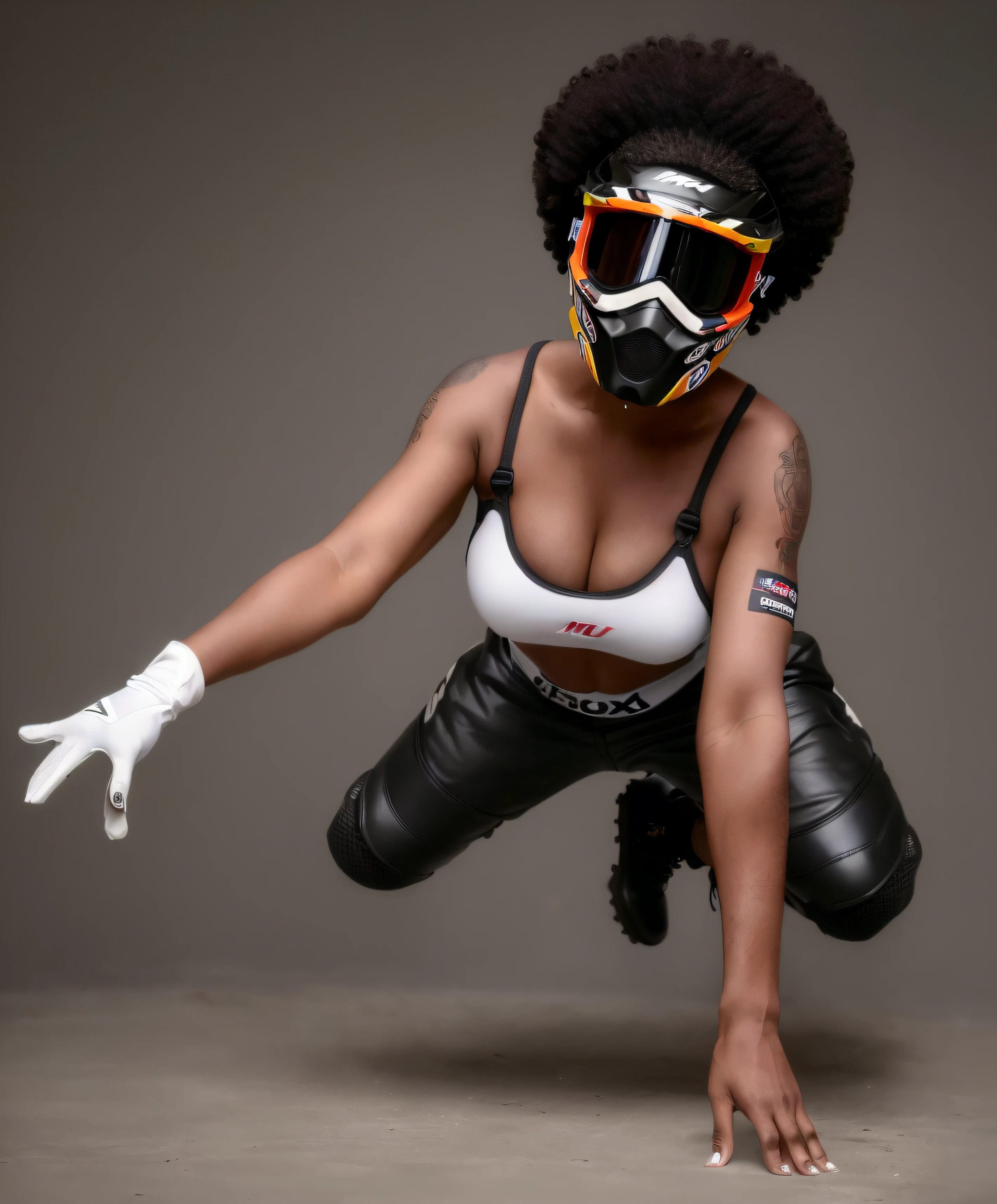 Preto sexy, ((linda mulher negra)) ((cabelo afro)) posando com botas, esportiva, motociclista!!!, gogo dancer, Fofosexyrobutts, Garota sexy, usando top esportivo, bela vista, bum, nicki minaj curvy,tiro de fundo, por pequeno, (((BOTAS DE MOTOCROSS))), imagem perfeita, imagem clara, ((perfect hands)) ((Motocross mask)), ((perfect feets)), ((MULHER SEXY)), MULHER MAGRA SEXY, ((MOTOCROSS GLOVES ON THE HANDS)), ((Gloves on both hands)) (((Curta sexy))) ((SHORT SEXY)) ((BOTAS CANO CURTO)), perfect hands, cinco dedos