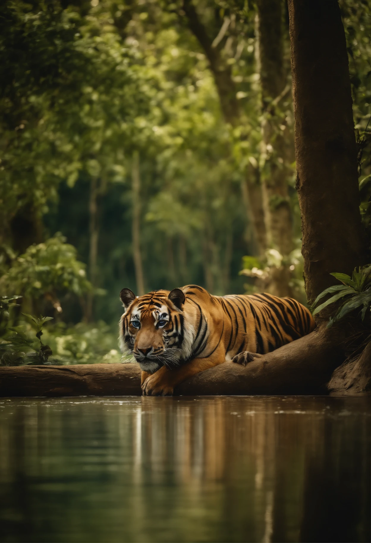 A forrest with tall and green trees surrounded by wild animals such as tigers and monkeys, complemented by a river and a blue sky