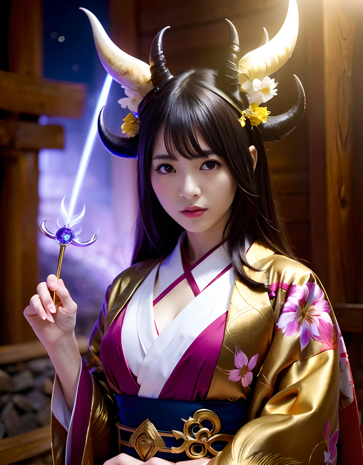 ((World of Darkness)),Professional , masterpiece、top-quality、photos realistic , depth of fields 、(sexypose)、Oiran hairstyle、Maiko's hairstyle、(White maple on full bloom background),(Ultimate Beauty)、A dark-haired、(shrine background)、(Kimono with beautiful pattern)、(Night background)、Beautiful hair ornament on the head、((Precipitous cliffs)),(Wear a beautiful kimono),(Wear a beautiful kimono with colorful floral patterns)、Jewel Gold Weapon、Particles of light),(Wearing a wizard's hat)、Gorgeous gold weapons ,Castle background、(( Gorgeous Dragon Sword)) , (a dark night),,(maikurobikini) 、((Black Haired Beautiful Girl))、(Castle background)、(demonic wings)、((Gangle's forest background))、Beautiful Caucasian beauty、1a person、dynamic ungle,(((Two devil's horns on the head)))、Smaller head、Idle Smile、Thin and beautiful female hands、Mystical expression、Light Effects、intense fighting、Wind-effect、magic circles、With the legendary magic wand、Dragon's tail、Full Body Angle、