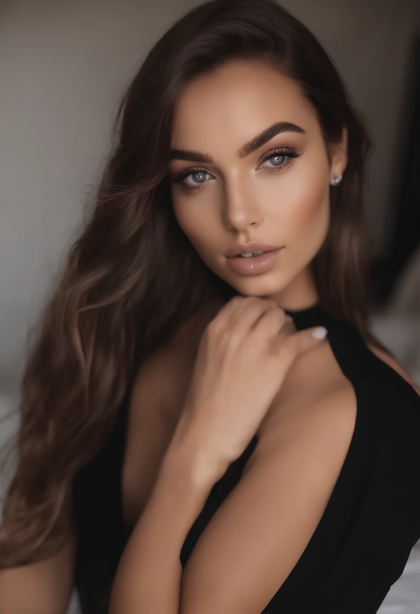 Arafed woman with black clothes, fille sexy aux yeux bruns, Portrait Sophie Mudd, cheveux bruns et grands yeux, selfie of a young woman, Yeux de chambre, Violet Myers, sans maquillage, maquillage naturel, looking straight at camera, Visage avec Artgram, Maquillage subtil, Superbe photo du corps entier, dans la chambre, clivage
