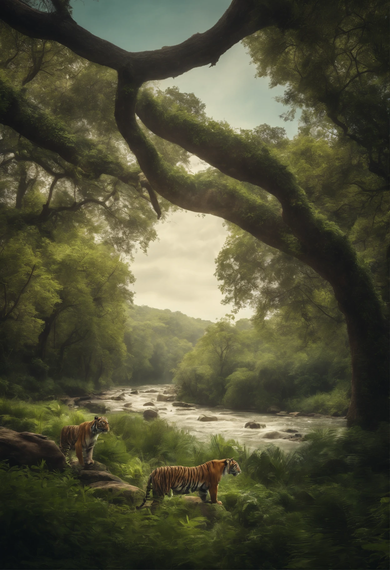 A forrest with tall and green trees surrounded by wild animals such as tigers and monkeys, complemented by a river and a blue sky