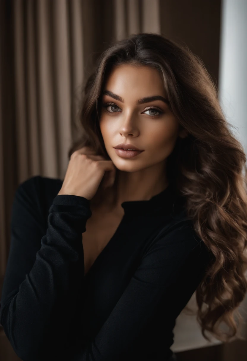 Arafed woman with black clothes, fille sexy aux yeux bruns, Portrait Sophie Mudd, cheveux bruns et grands yeux, selfie of a young woman, Yeux de chambre, Violet Myers, sans maquillage, maquillage naturel, looking straight at camera, Visage avec Artgram, Maquillage subtil, Superbe photo du corps entier, dans la chambre, clivage