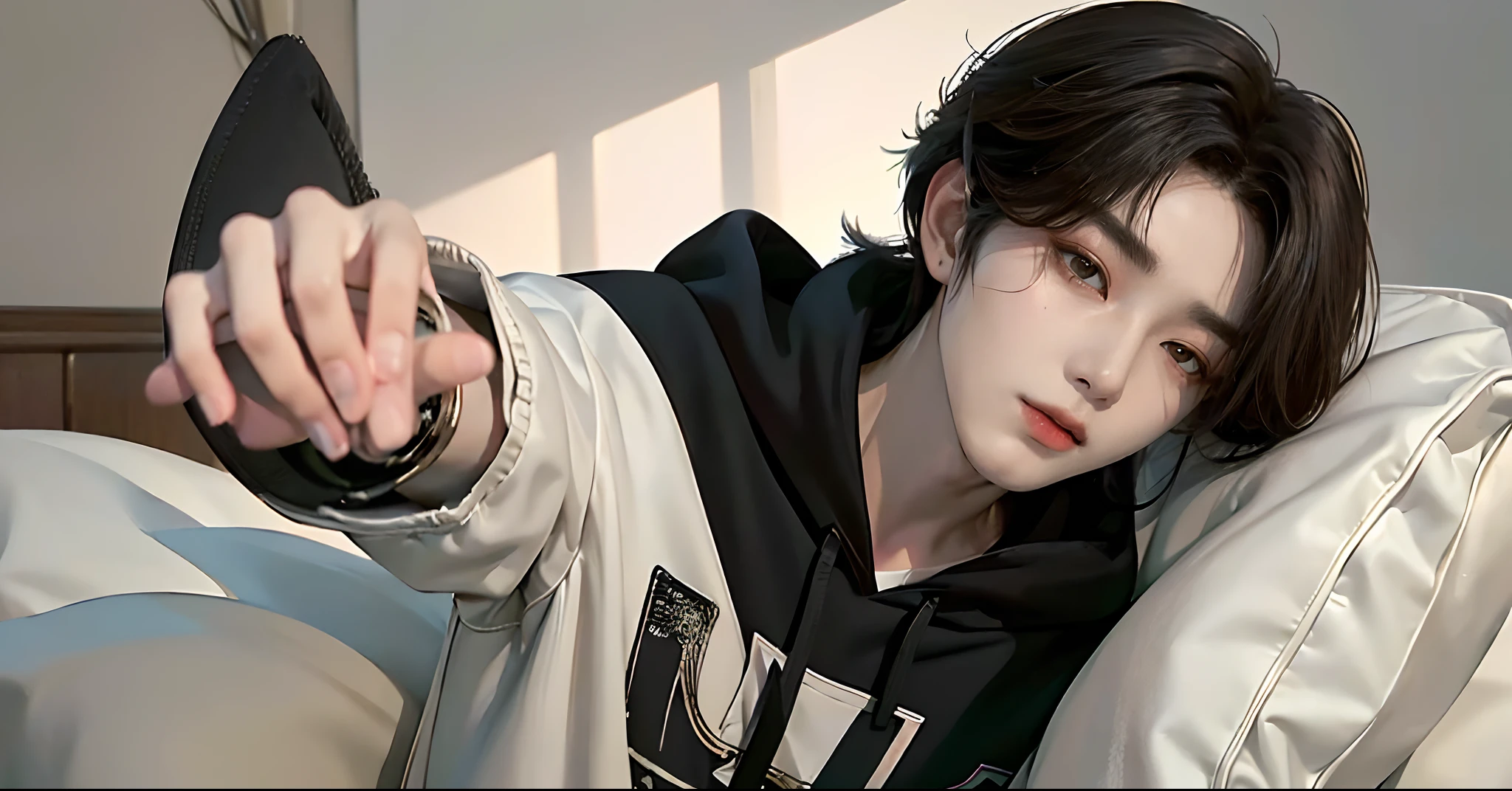 ((4K works))、masterpiece、(top-quality)、((high-level image quality))、((One Manly Boy))、Slim body、((Stylish black hoodie))、(Detailed beautiful eyes)、Stylish bedroom、Selfie with head on pillow、Face similar to Chaewon in Ruseraphim、((short hair above the ears))、((Smaller face))、((Neutral face))、((Light brown eyes))、((Korean boy))、((18year old))、((Handsome man))、((Wild look))、((Korean Makeup))、((elongated and sharp eyes))、((Happy dating))、((Lying on the futon with your head on the pillow))、((Shooting from the side))、((He gives the viewer an arm pillow))、((Only the upper part of the body is visible))、((He sleeps next to the viewer))、(((selfie photo)))