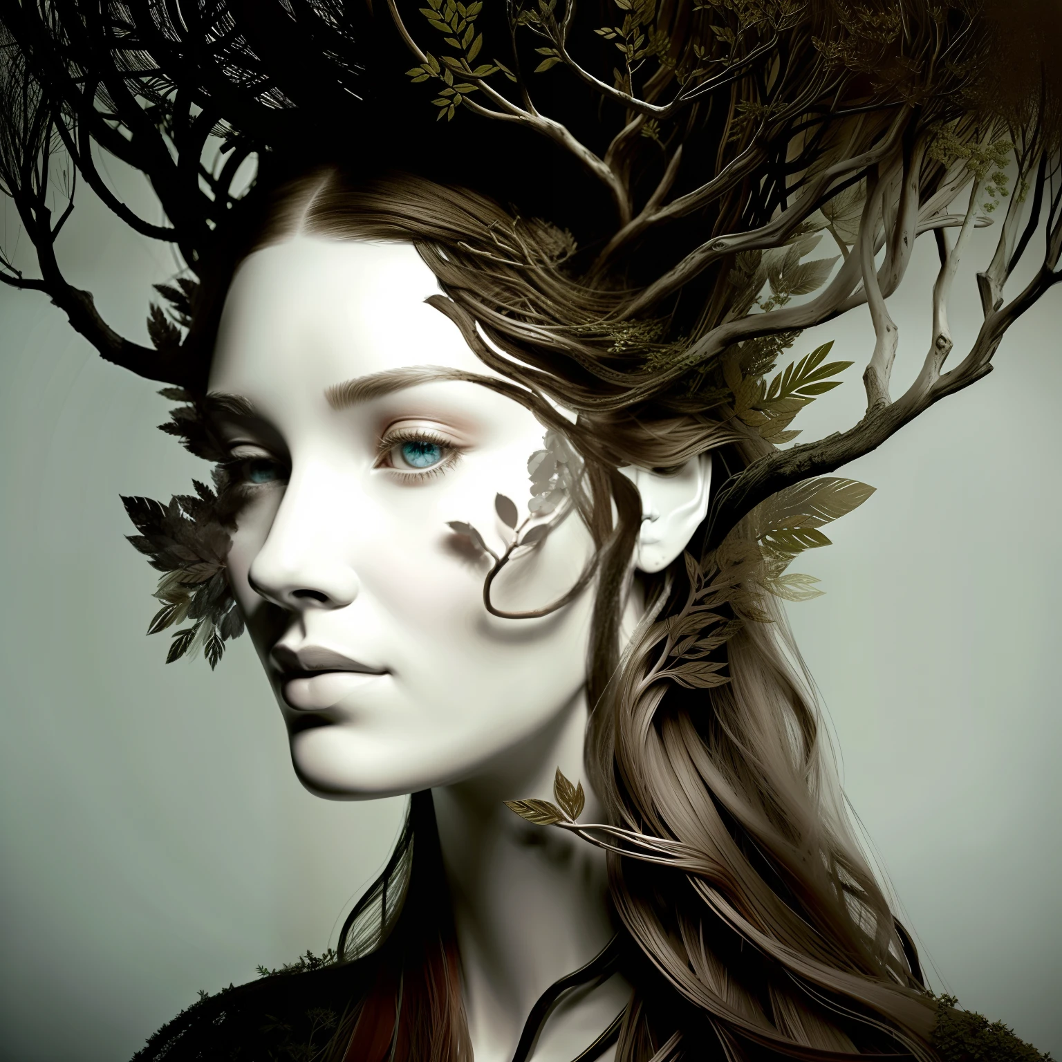 There is a tree in the shape of a woman's face, People made of wood, Woman made of plants, Dryad portrait, Live trees, Fantasy Tree, Hair made of wood, intricate digital painting, branches sprouting from her head, very detailed digital art, treebeard, Artistic Illustrations, beautiful digital works of art, Mother Nature, Humanoid Flora