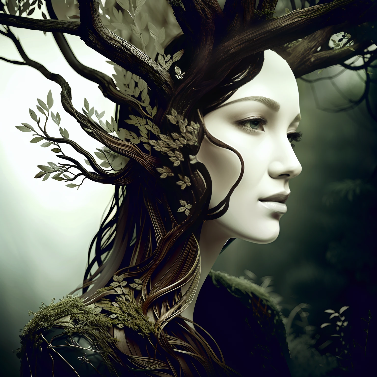 There is a tree in the shape of a woman's face, People made of wood, Woman made of plants, Dryad portrait, Live trees, Fantasy Tree, Hair made of wood, intricate digital painting, branches sprouting from her head, very detailed digital art, treebeard, Artistic Illustrations, beautiful digital works of art, Mother Nature, Humanoid Flora