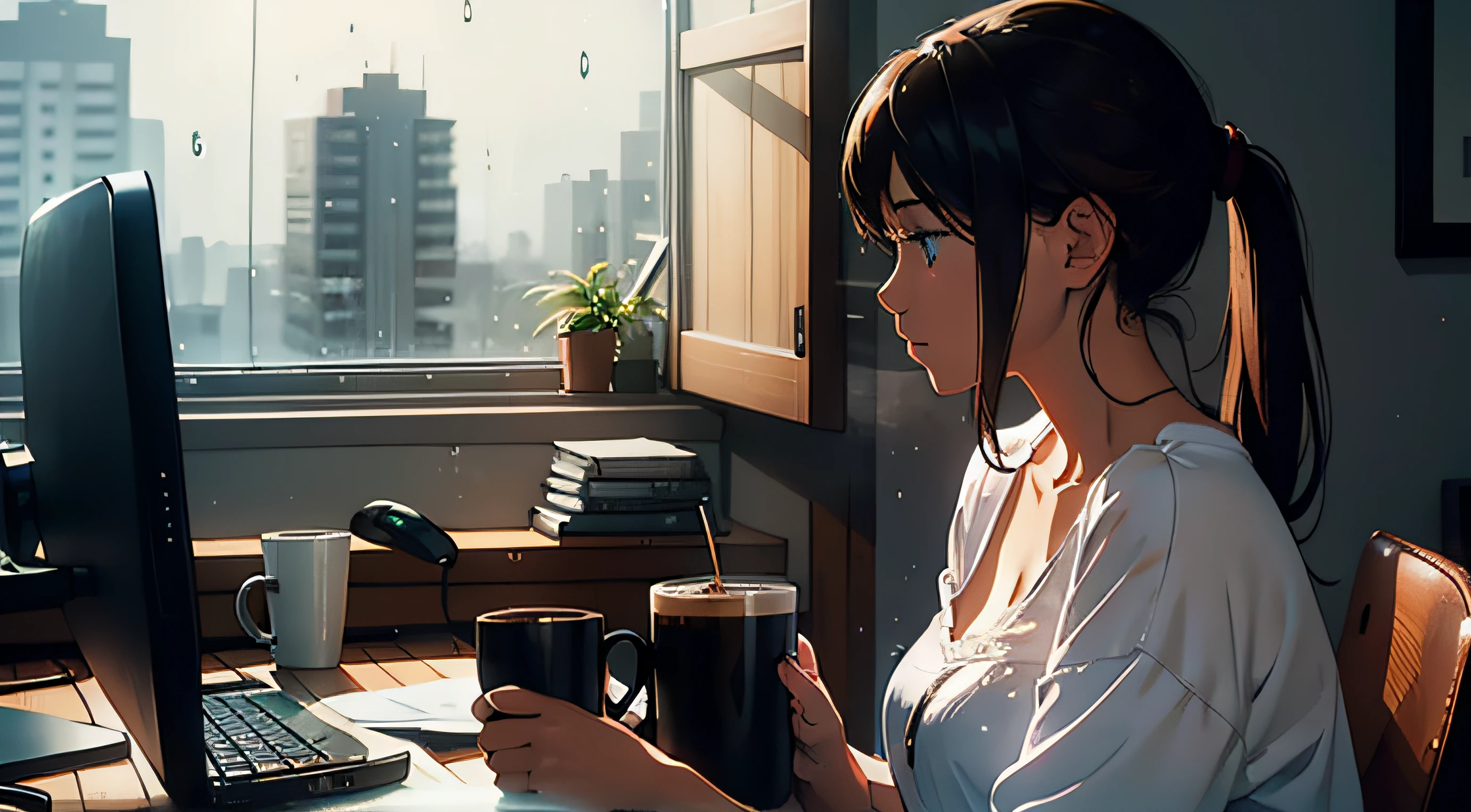 in the bedroom, A young woman studying sitting in front of the computer, is in profile, hot coffee in a mug, glass window in the background, raining, playing cat, anime, realistic