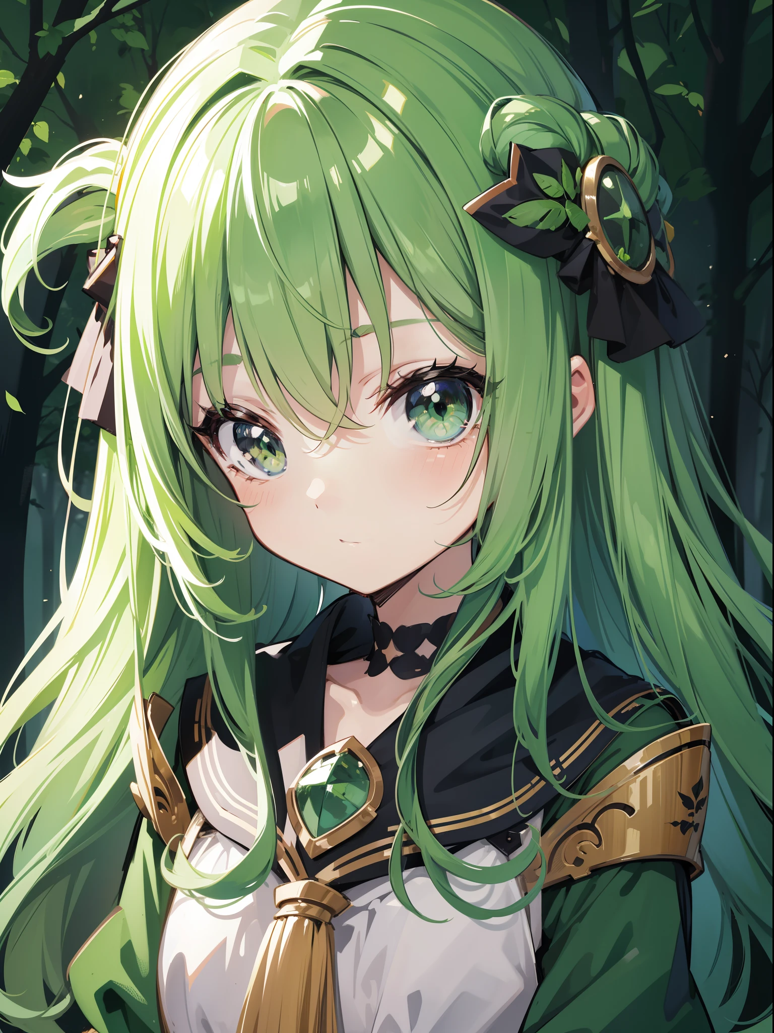 character portrait closeup，sketching，.tchibi，Kawaii little girl, Green long hair，Dark green pupils, tilts your head，avatar close up，grieves，Green forest background，Detailed facial depiction