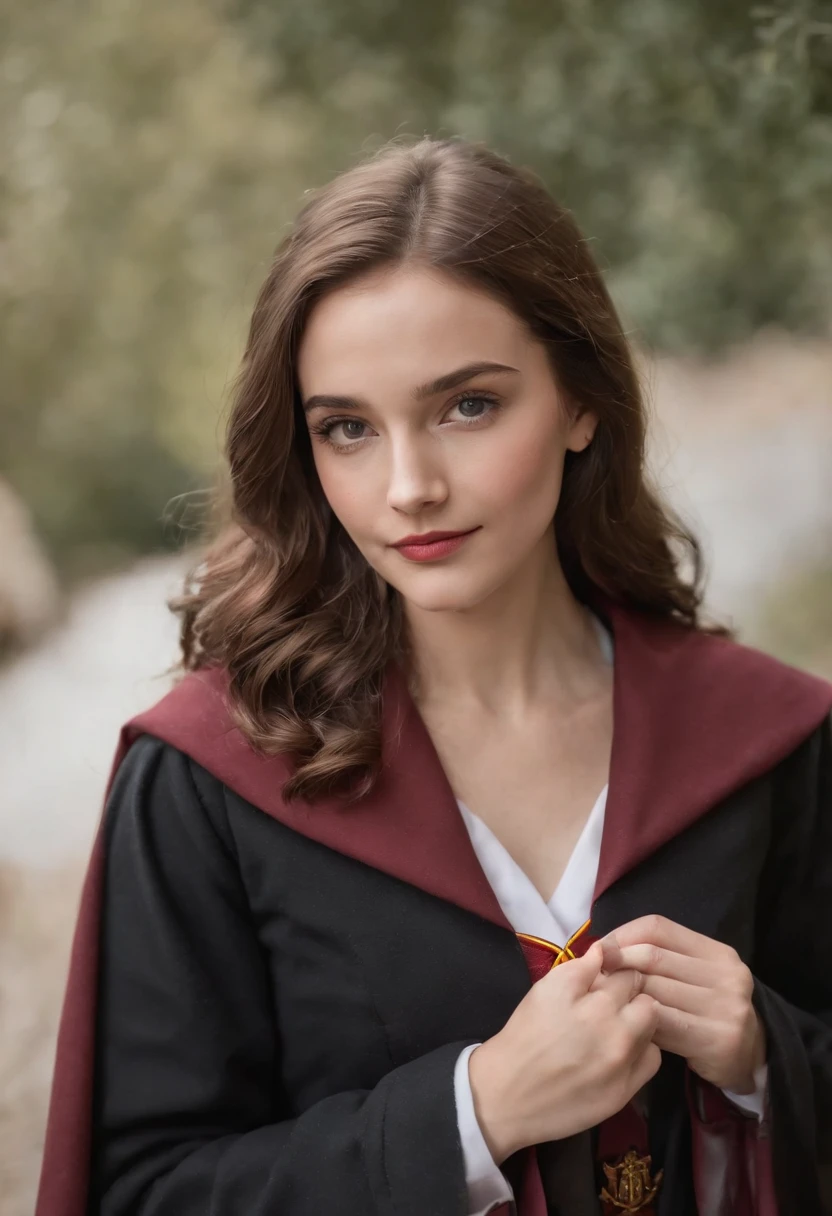 Mulher de Arad em vestes de Harry Potter(mid closeup), cabelos pretos, vestindo hogwarts,Vestidos,vestindo vestes de bruxo preto, vestindo vestes de bruxo, Gryffindor, magical school student uniform, magic school uniform, magic uniform university, academic clothing, usando vestes e gravatas, vestes de bruxo, estilo hogwarts, vestindo vestes de feiticeiro vermelho, roupas de alta qualidade, (Canon EOS 5D Mark IV câmera, Famoso por capturar cores vibrantes e texturas ricas:1.2)