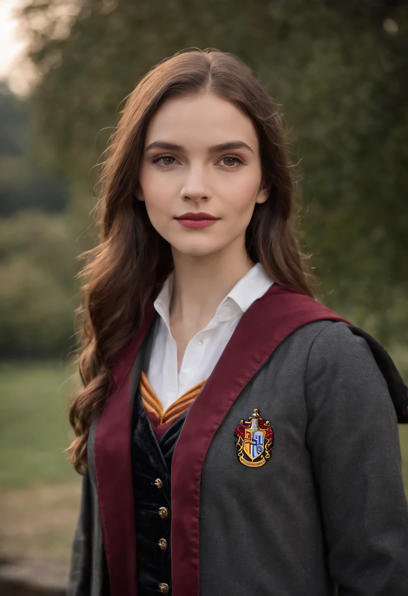 Mulher de Arad em vestes de Harry Potter(mid closeup), cabelos pretos, vestindo hogwarts,Vestidos,vestindo vestes de bruxo preto, vestindo vestes de bruxo, Gryffindor, magical school student uniform, magic school uniform, magic uniform university, academic clothing, usando vestes e gravatas, vestes de bruxo, estilo hogwarts, vestindo vestes de feiticeiro vermelho, roupas de alta qualidade, (Canon EOS 5D Mark IV câmera, Famoso por capturar cores vibrantes e texturas ricas:1.2)