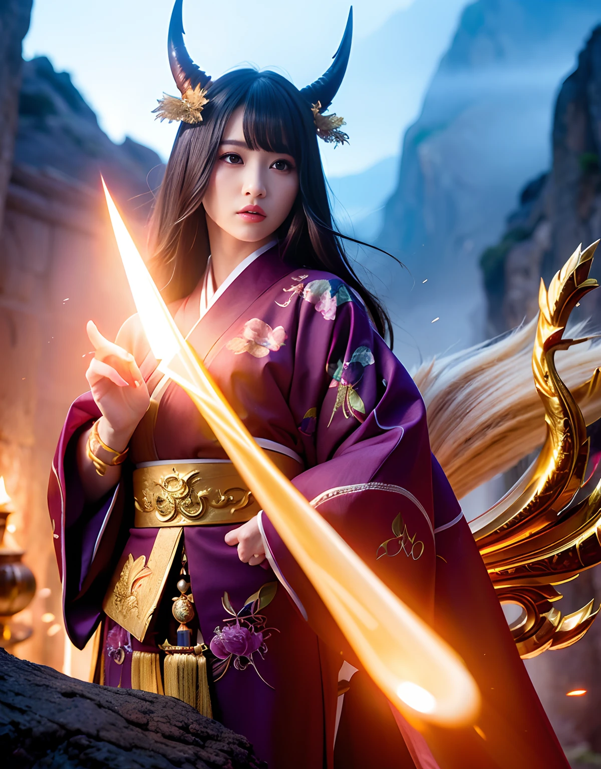 ((World of Darkness)),Professional , ​masterpiece、top-quality、photos realistic , depth of fields 、（sexypose）、Oiran hairstyle、Maiko's hairstyle、(White maple on full bloom background),（Ultimate Beauty）、A dark-haired、（shrine background)、（Kimono with beautiful pattern）、（Night background）、Beautiful hair ornament on the head、（（Precipitous cliffs））,(Wear a beautiful kimono),（Wear a beautiful kimono with colorful floral patterns）、Jewel Gold Weapon、Particles of light),(Wearing a wizard's hat）、Gorgeous gold weapons ,Castle background、（（ Gorgeous Dragon Sword）） , （a dark night）,,（maikurobikini） 、（（Black Haired Beautiful Girl））、（Castle background）、（demonic wings）、（（Gangle's forest background））、Beautiful Caucasian beauty、１a person、dynamic ungle,(((Two devil's horns on the head)))、Smaller head、Idle Smile、Thin and beautiful female hands、Mystical expression、Light Effects、intense fighting、Wind-effect、magic circles、With the legendary magic wand、Dragon's tail、Full Body Angle、