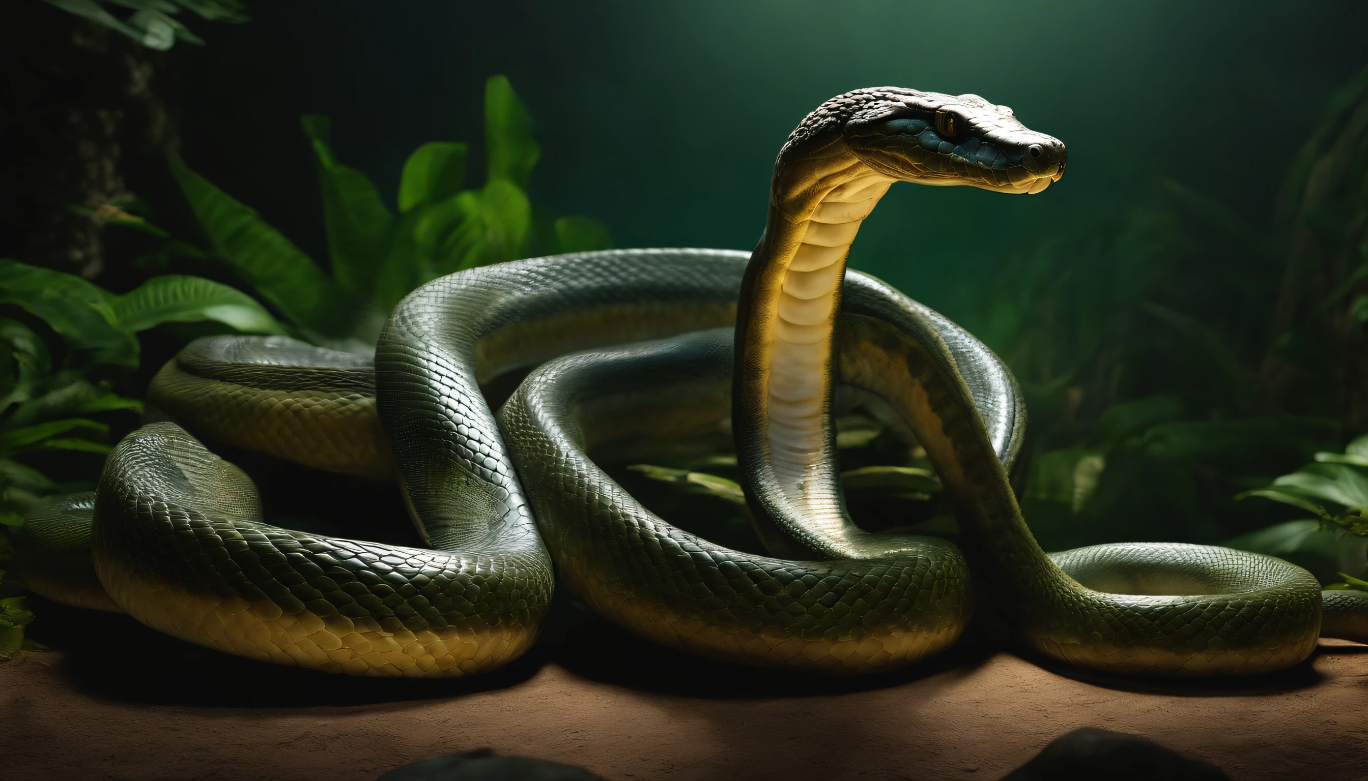 a titanoboa snake and a common snake side by side, full length, 3D, high quality, 8k, film lighting, realistic