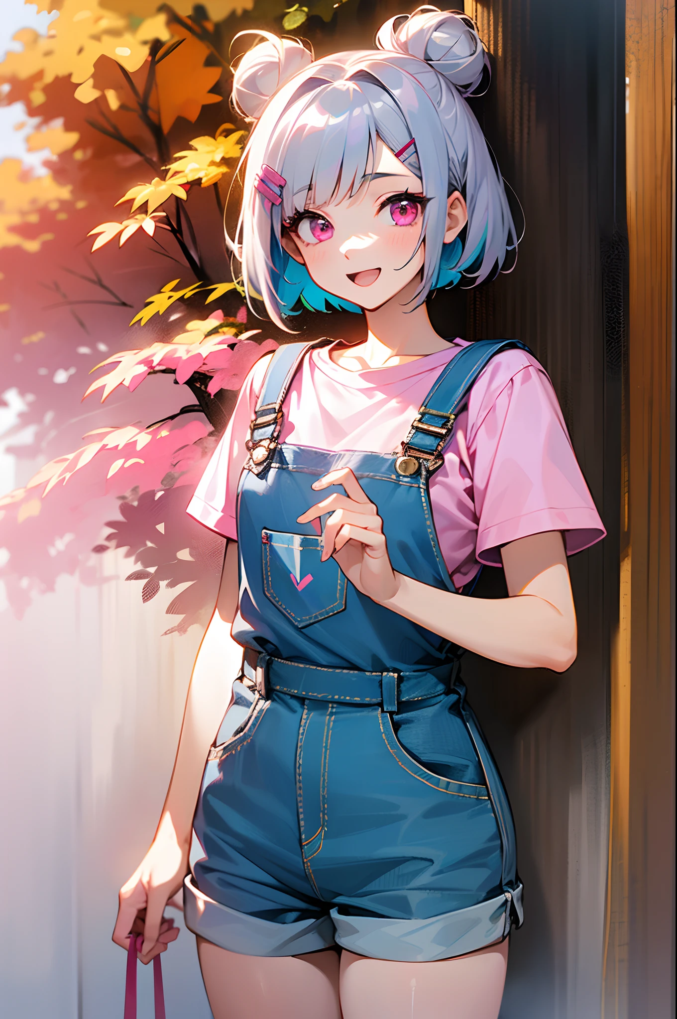 female high-school student、Short hair with silver bob styled in a bun with hair clip, Pink eyes、white t-shirts、 overalls、shortpants、full of shyness、half laugh、Street trees in autumn、appointment