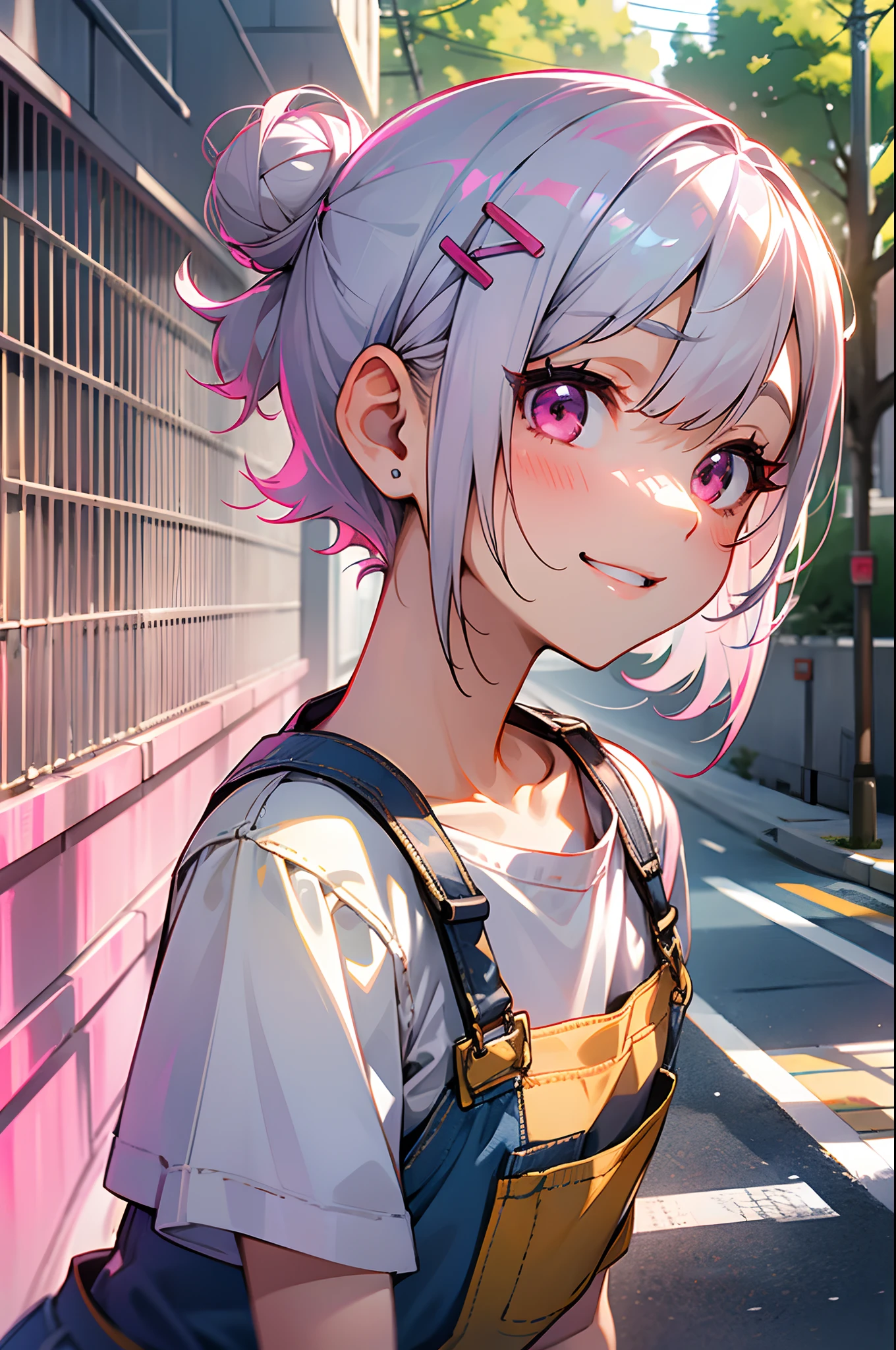 female high-school student、Short hair with silver bob styled in a bun with hair clip, Pink eyes、white t-shirts、 overalls、shortpants、full of shyness、half laugh、Street trees in autumn、appointment