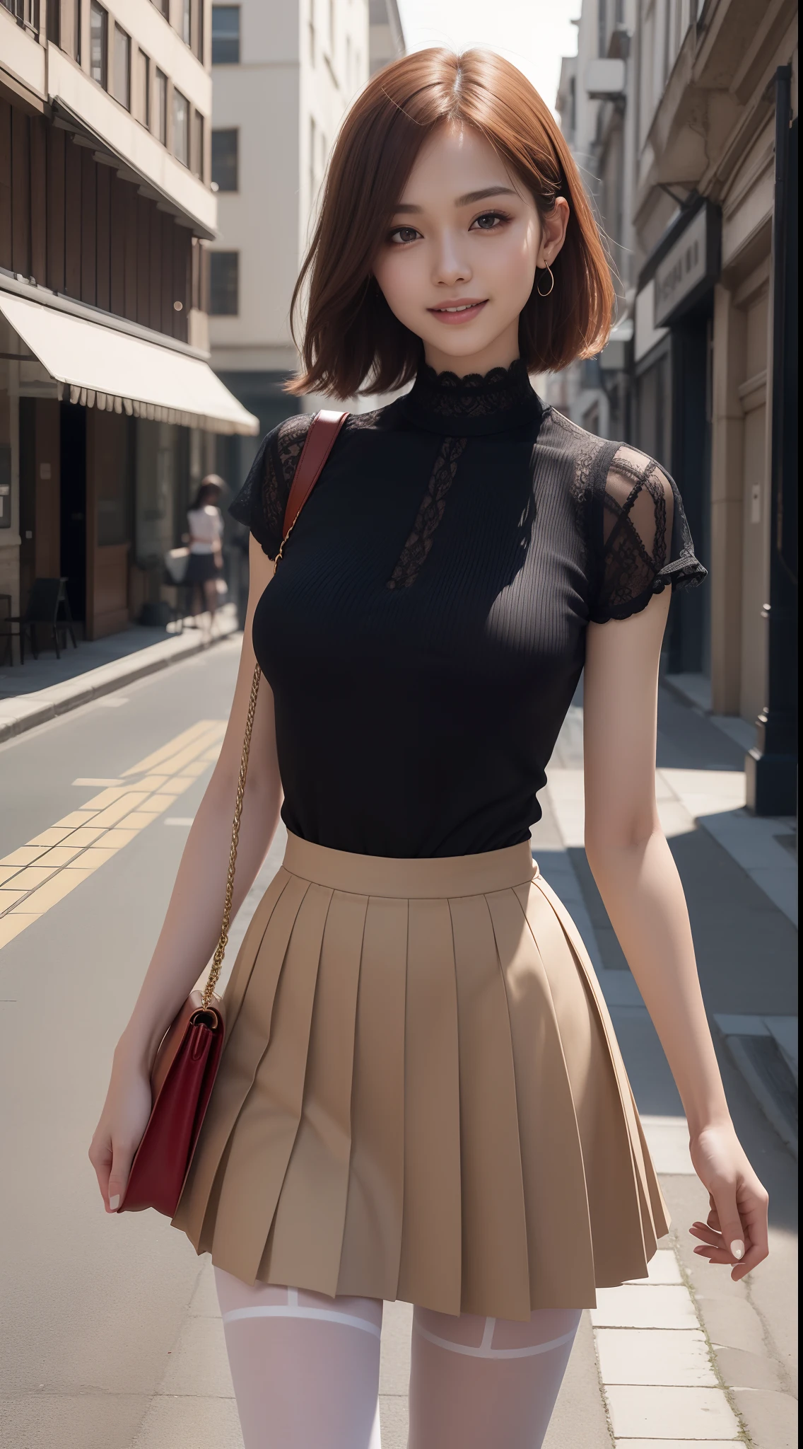 8k, masterpiece, RAW photo, best quality, photorealistic, extremely detailed CG unity 8k wallpaper, Depth of field, Cinematic Light, Lens Flare, Ray tracing, (extremely beautiful face, beautiful lips, beautiful eyes), intricate detail face, ((ultra detailed skin)) 1girl, in the dark, deep shadow, pretty asian girl, 1 girl, (very slim slender fit-muscled body:1.3), ((looking at viewer)),(big smile:1.3), (short skirt ), (red mini skirt ), pantyhose, clear eyes, walking , front shot, (pale skin), (big eyes), face forward, (red shirt),  (brown hairs), ((laced blouse)),,(looking at viewer:1.3) very slim, medium breasts, (camel toe), laced black stockings, short hair, street, buildings, tree, sunny, Chanel bag, thick thighs,((laced pleated skirt))