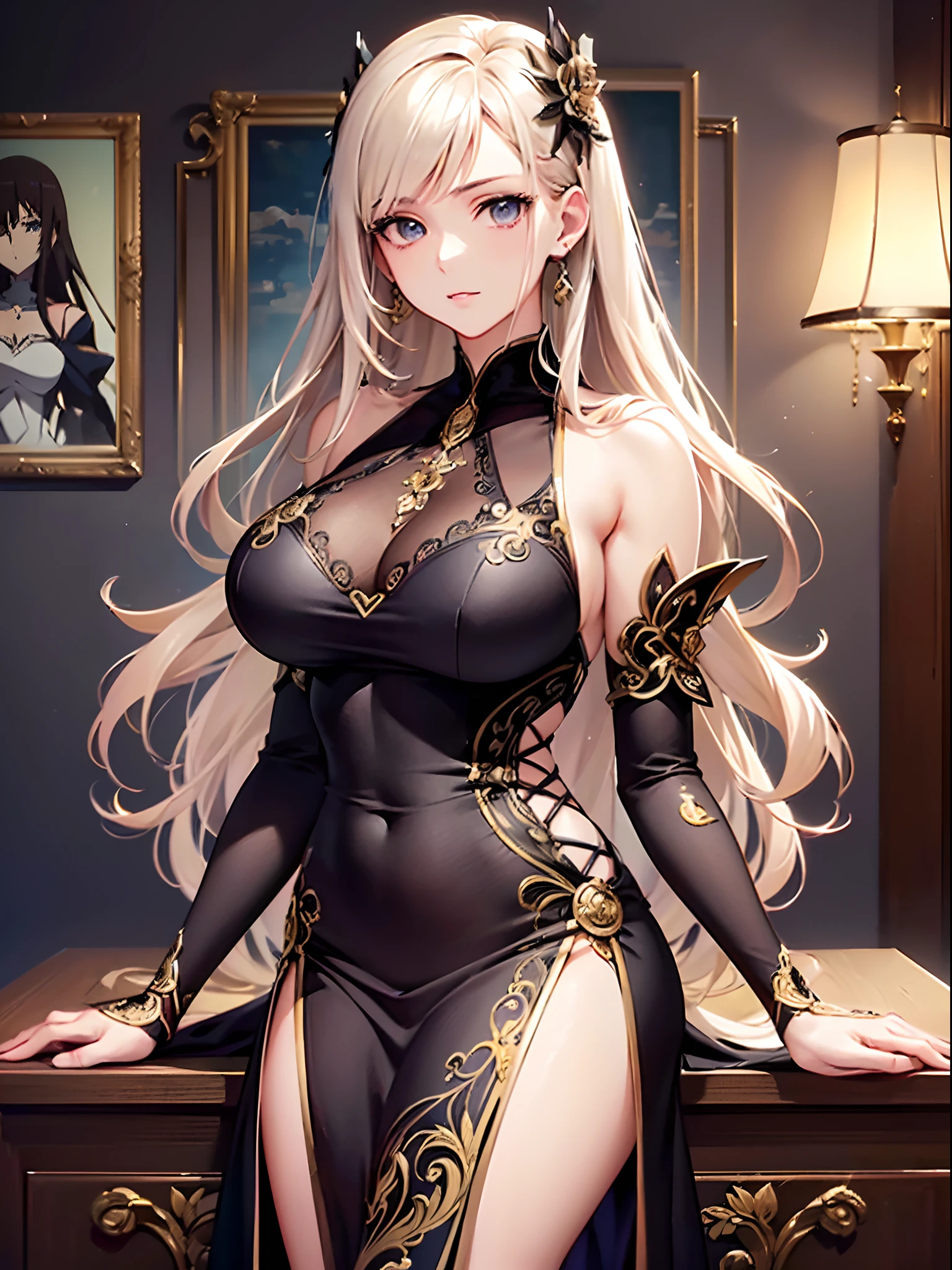 (Finest quality)),(超A high resolution),(ultra-detailliert),(Meticulous portrayal),((Best Anime)),(Finest works of art),Ultra-Precision Art,The art of astounding depiction, (1 woman of tall stature),((Dress with detailed depiction:1.5),Detailed depiction embroidery, counter,Slouching posture:1.5