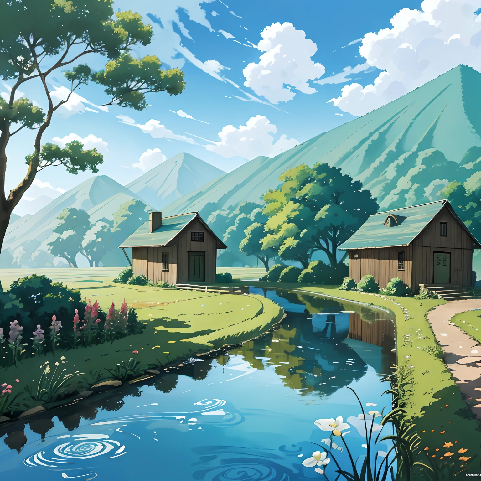 Cartoon house in a field with a stream running through it, paisagem campestre anime, arte de fundo do anime, beautiful anime scenery, papel de parede de paisagem anime, anime scenery, Fundo do anime, Paisagem do anime, scenery wallpaper, papel de parede de paisagem, fundo da casa, scenery artwork, Anime natureza Wallpap, Rural area, Arte de fundo, detailed scenery—width 672, papel de parede bonito, paisagem do studio ghibli