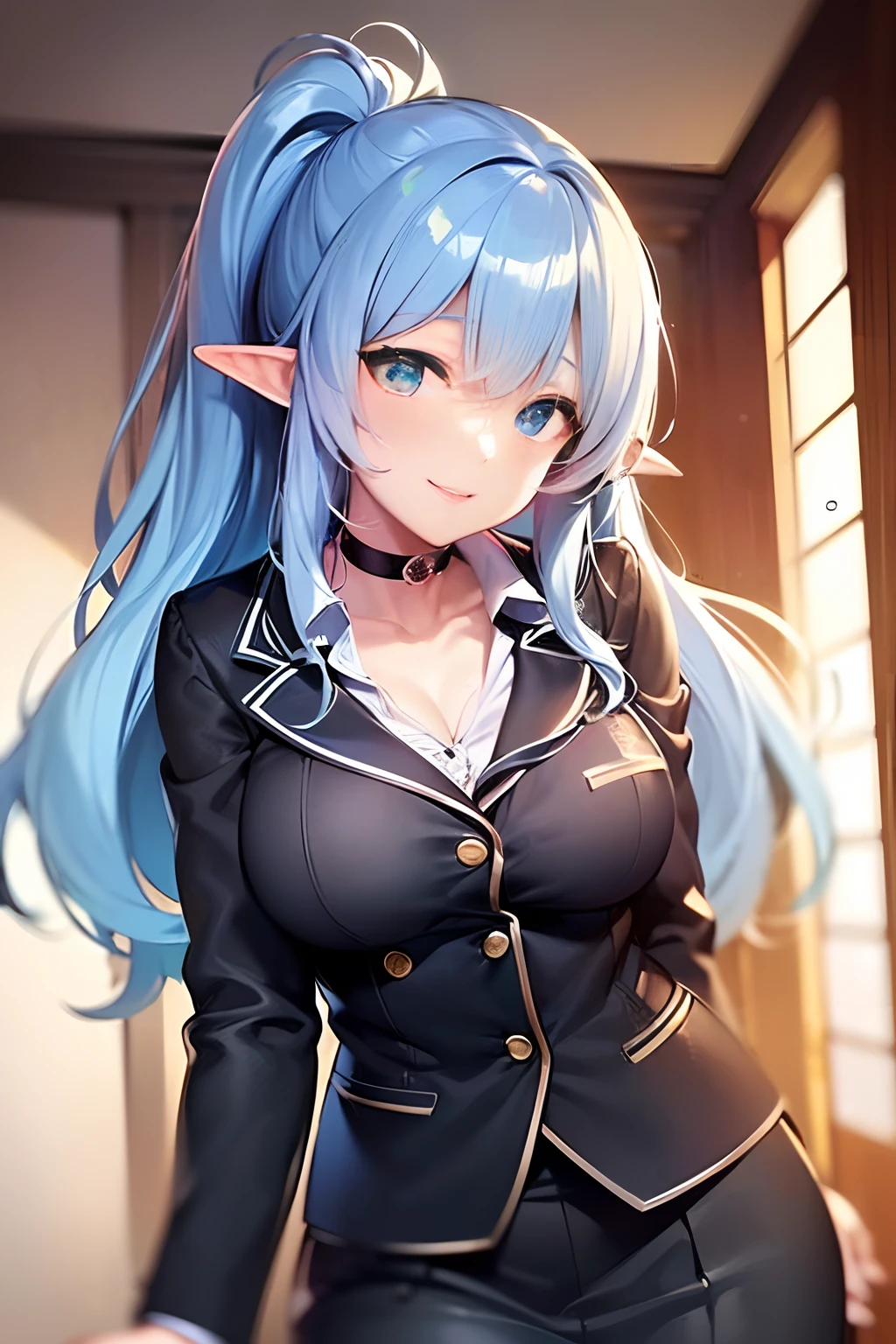 ((hi-school girl:1.5)), ((Kyoto Animation Style)), super precision, masterpiece, very extremely beautiful, Princess Face, ((One adult woman)), ((Solo:1.5)), Big eyes, ((sky blue hair:1.5)), (Blue eyes), ((Very long hair)), ((Straight hair)), ((poneyTail:1.5)), ((Large breasts)), elf-ears, ((耳Nipple Ring:1.5)), ((a black choker:1.5)), Faint lips, Professional Lighting, (25 years old), Narrow waist, Shiny skin, ((Oiled skin)), glistning skin, Looking at Viewer, ((Blazer School Uniform:1.5)), ((Blouse)), ((pleatedskirt:1.5)), Schools, Classroom, ((A smile)), ((cowboy shot:1.5)), Latex, skinny thigh, Sexy, half-opened mouth,