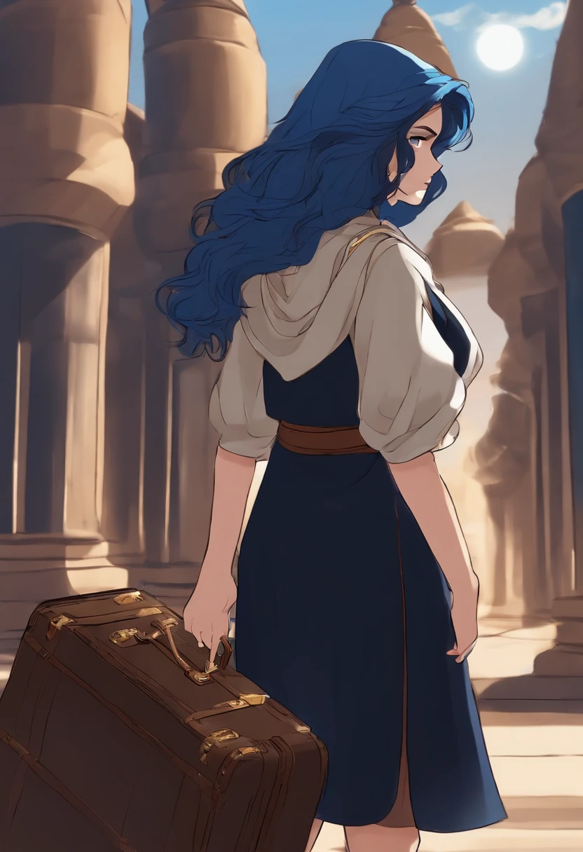 Personagem de anime com cabelo preto e roupas azul ,Stand Up,Carrying a suitcase in your hand,The background is in Egypt,a noite