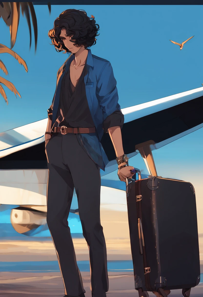 Personagem de anime com cabelo preto e roupas azul ,Stand Up，Carrying a suitcase in your hand，The background is in Egypt，a noite
