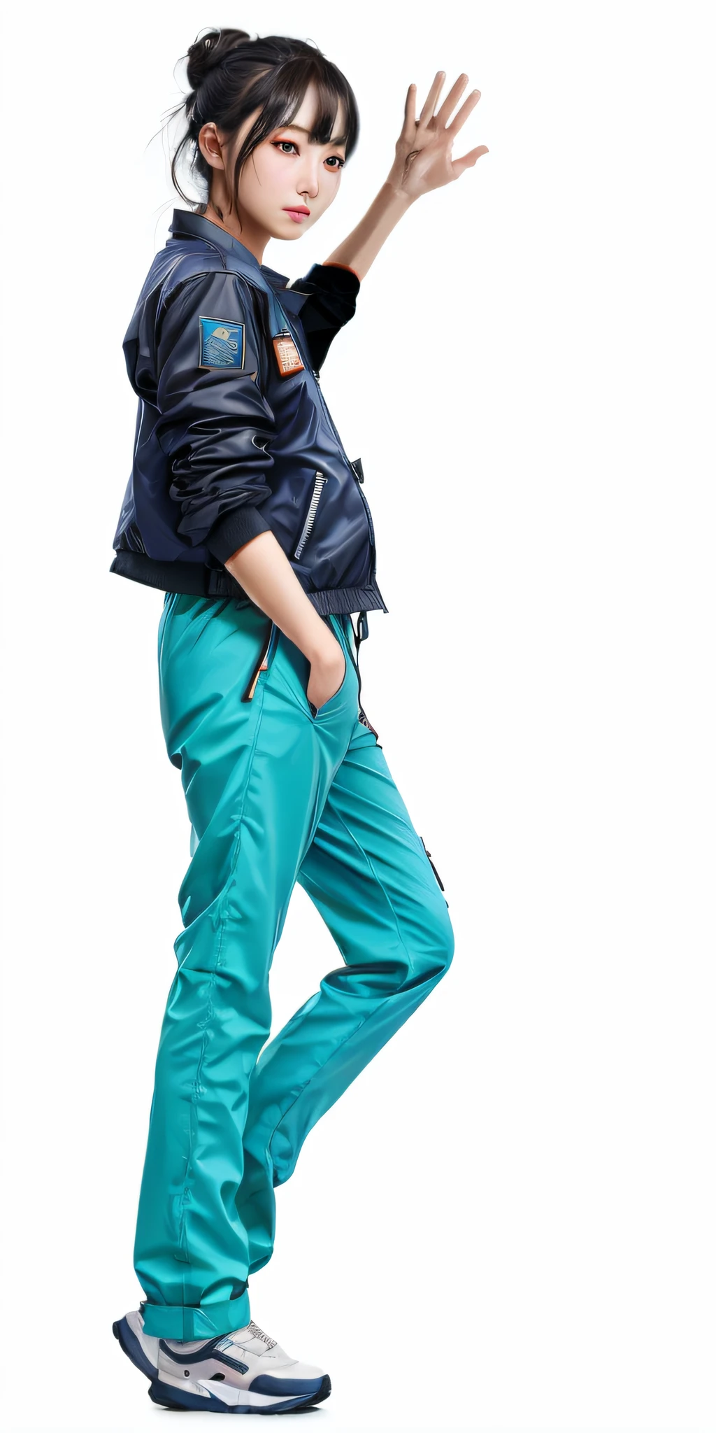 realistic photo of serious Japanese woman wearing flight jacket and coverall leaning against wall arm upraised, masterpiece, best quality, epic, cinematic lighting looking at viewer, wearing jumpsuit, BREAK (masterpiece:1.2), best quality, high resolution, unity 8k wallpaper, (illustration:0.8), (beautiful detailed eyes:1.6), extremely detailed face, perfect lighting, extremely detailed CG, (perfect hands, perfect anatomy),