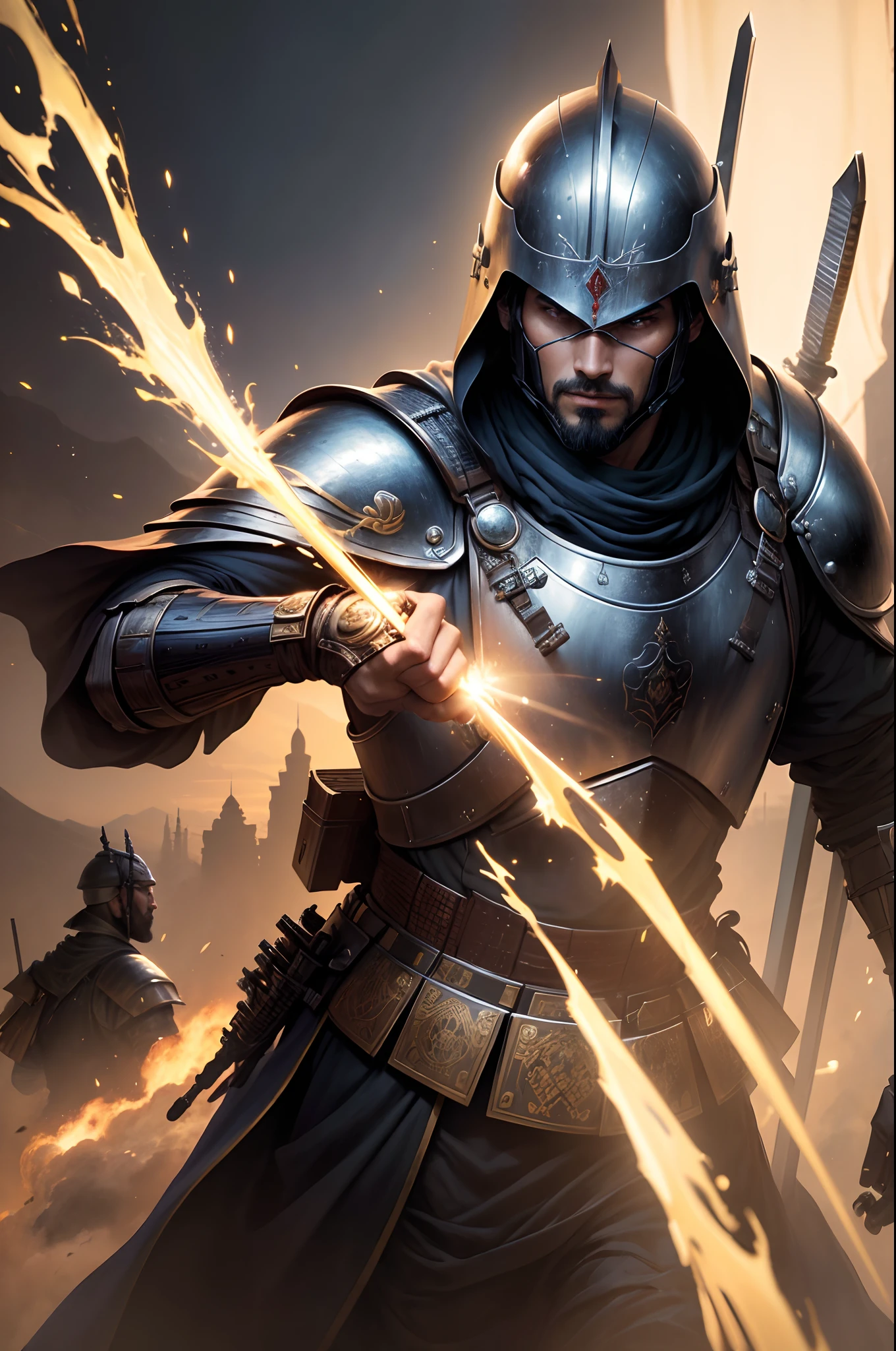 (Sci-fi fantasy), (Masterpiece), (professional oil painting) (best quality), (8k resolution), two men,, the first is Arabic knight, the second is Japanese Samurai, theSamurai, Arabian knight, Arabic knight vs Samurai, Arabic knight uniform, Samurai uniform, Arabic sword, Samurai sword, Arabic Sword vs Samurai Sword, focusing on sword, forcus on Arabic knight and Samurai