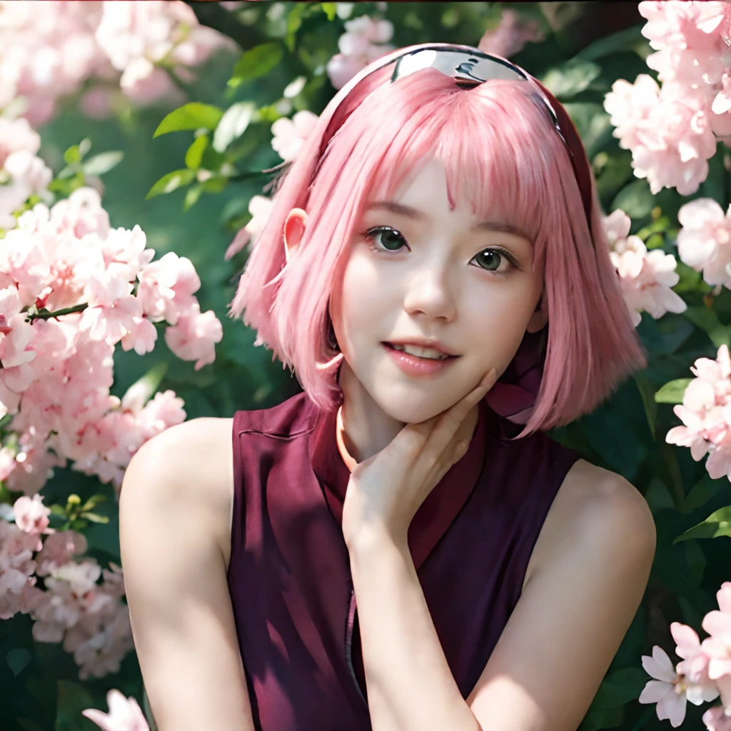 haruno sakura, naruto \(series\), naruto shippuuden, masterpiece, red shirt, shirt, short hair, sleeveless, sleeveless shirt, forehead protector, hairband, konohagakure symbol on hairband, 1girl, solo, bangs, breasts, big smile, elbow sleeve, foreshortening, green eyes, hair intakes, parted bangs, pink hair, medium breasts, v-shaped eyebrows, detailed background, outdoor, cherry blossoms, sky, (ultra detailed), (8k, intricate), (85mm), light particles, lighting, full body, (highly detailed:1.2), (gradients), sfw, colorful, (detailed background), (rule of third_composition:1.3), (Line of action:1.2), daylight, solo, showing boobs, fl9shingtits