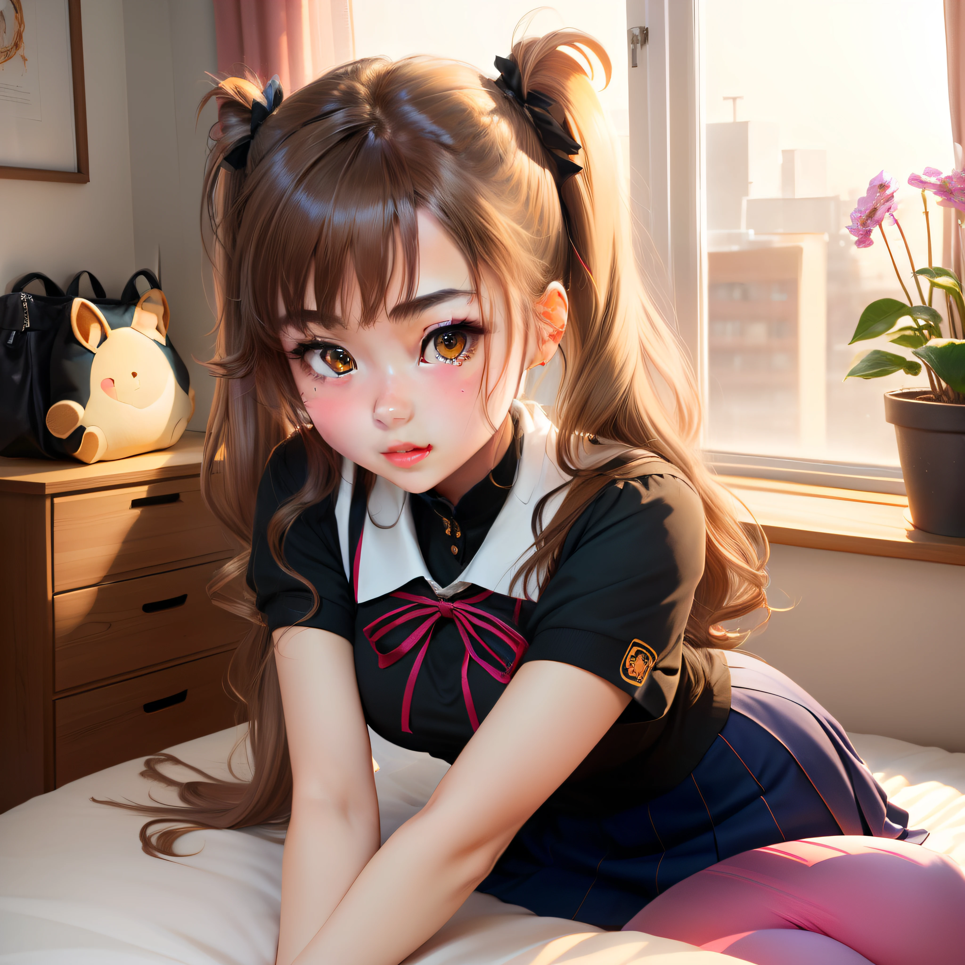 minami kotori, 1girl, solo, masterpiece, 1girl, best qualiti, ultra detail, (shiny), school uniform, ((bedroom)), indoors, bed, :p, blush, ray tracing,perfect lighting, (shiny skin:1.2),reflection, long_hair, looking_at_viewer, blush, skirt, ribbon, twintails, yellow_eyes, pantyhose, bag, black_pantyhose, low_twintails, light_brown_hair, halo, , nsfw,