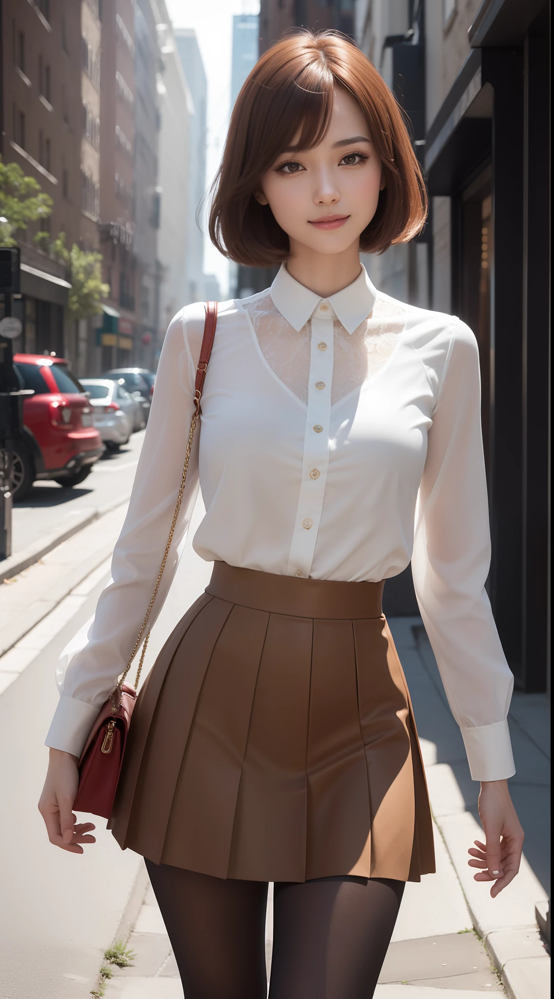 ((top-quality、8K、masterpiece:1.3))、sixteen years old、student clothes、校服、Short pleated skirt、short-hair、Crisp focus:1.2、Beautiful Women in Perfect Style:1.4、(no bra), (see through shirt:1.5), Slender Abs:1.2、((dark brown hair、Colossal tits:1.2))、(White button-up long shirt:1.1)、Street:1.2、Highly detailed facial and skin texture、A detailed eye、二重まぶた、full body