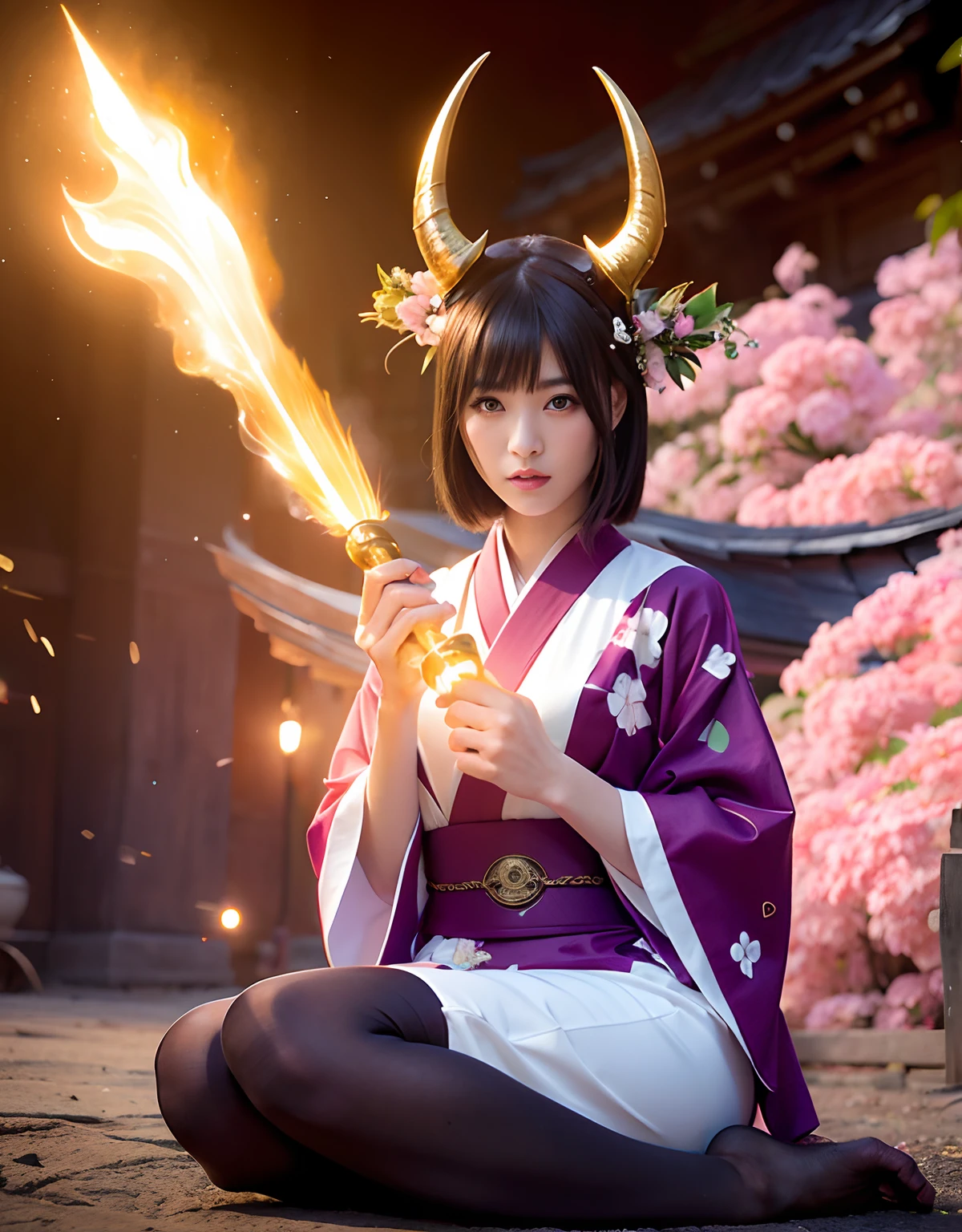 ((World of Darkness)),Professional , masterpiece、top-quality、photos realistic , depth of fields 、(sexypose)、Oiran hairstyle、Maiko's hairstyle、(White maple on full bloom background),(Ultimate Beauty)、A dark-haired、(shrine background)、(Kimono with beautiful pattern)、(Night background)、Beautiful hair ornament on the head、((Precipitous cliffs)),(Wear a beautiful kimono),(Wear a beautiful kimono with colorful floral patterns)、Jewel Gold Weapon、Particles of light),(Wearing a wizard's hat)、Gorgeous gold weapons ,Castle background、(( Gorgeous Dragon Sword)) , (a dark night),,(maikurobikini) 、((Black Haired Beautiful Girl))、(Castle background)、(demonic wings)、((Gangle's forest background))、Beautiful Caucasian beauty、1a person、dynamic ungle,(((Two devil's horns on the head)))、Smaller head、Idle Smile、Thin and beautiful female hands、Mystical expression、Light Effects、intense fighting、Wind-effect、magic circles、With the legendary magic wand、Dragon's tail、Full Body Angle、
