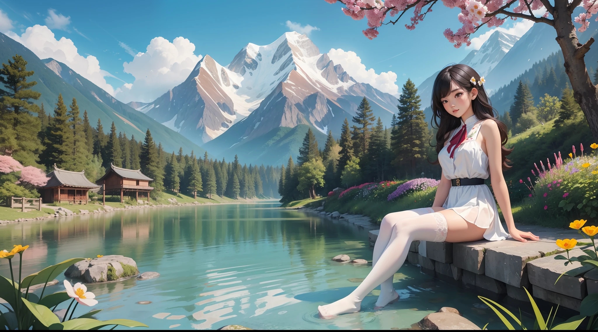 Masterpiece,1girl,mountain, soaking feet, sitting, Chinese park background,white thighhighs,Clear water,(feet:1.3), too many flowers,