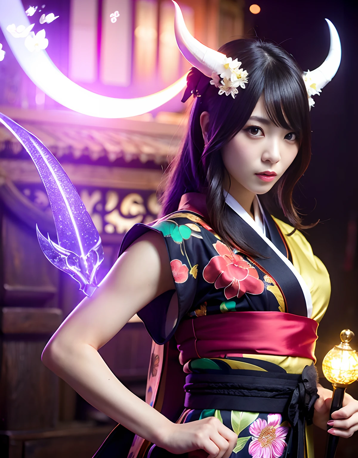 ((World of Darkness)),Professional , ​masterpiece、top-quality、photos realistic , depth of fields 、（sexypose）、Oiran hairstyle、Maiko's hairstyle、(White maple on full bloom background),（Ultimate Beauty）、A dark-haired、（shrine background)、（Kimono with beautiful pattern）、（Night background）、Beautiful hair ornament on the head、（（Precipitous cliffs））,(Wear a beautiful kimono),（Wear a beautiful kimono with colorful floral patterns）、Jewel Gold Weapon、Particles of light),(Wearing a wizard's hat）、Gorgeous gold weapons ,Castle background、（（ Gorgeous Dragon Sword）） , （a dark night）,,（maikurobikini） 、（（Black Haired Beautiful Girl））、（Castle background）、（demonic wings）、（（Gangle's forest background））、Beautiful Caucasian beauty、１a person、dynamic ungle,(((Two devil's horns on the head)))、Smaller head、Idle Smile、Thin and beautiful female hands、Mystical expression、Light Effects、intense fighting、Wind-effect、magic circles、With the legendary magic wand、Dragon's tail、Full Body Angle、