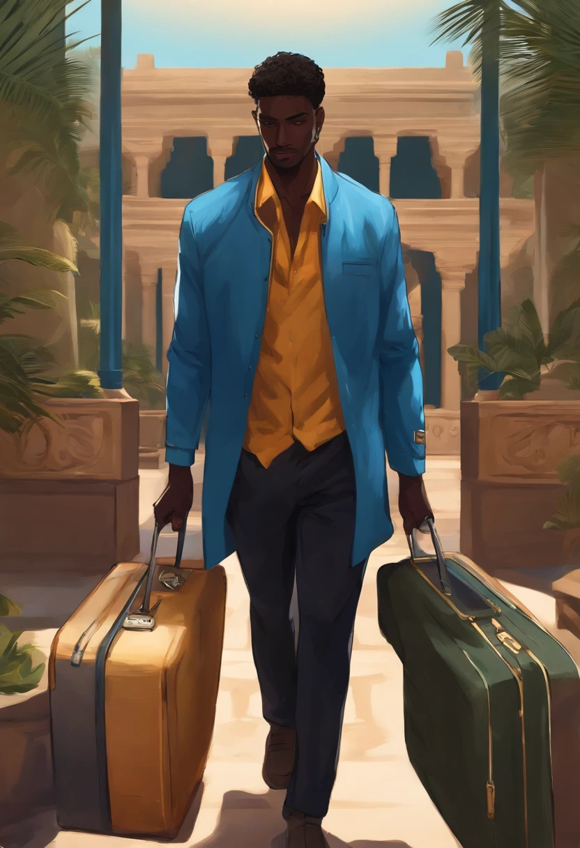 Personagem de anime com cabelo preto e roupas azul ,Stand Up,Carrying a suitcase in your hand,The background is in Egypt, homem, pele escura, olhos preto