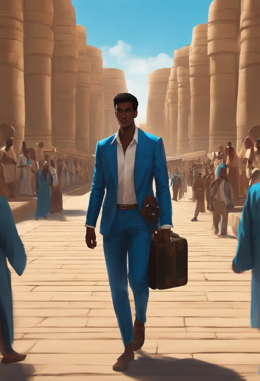 Personagem de anime com cabelo preto e roupas azul ,Stand Up,Carrying a suitcase in your hand,The background is in Egypt, homem, pele escura, olhos preto