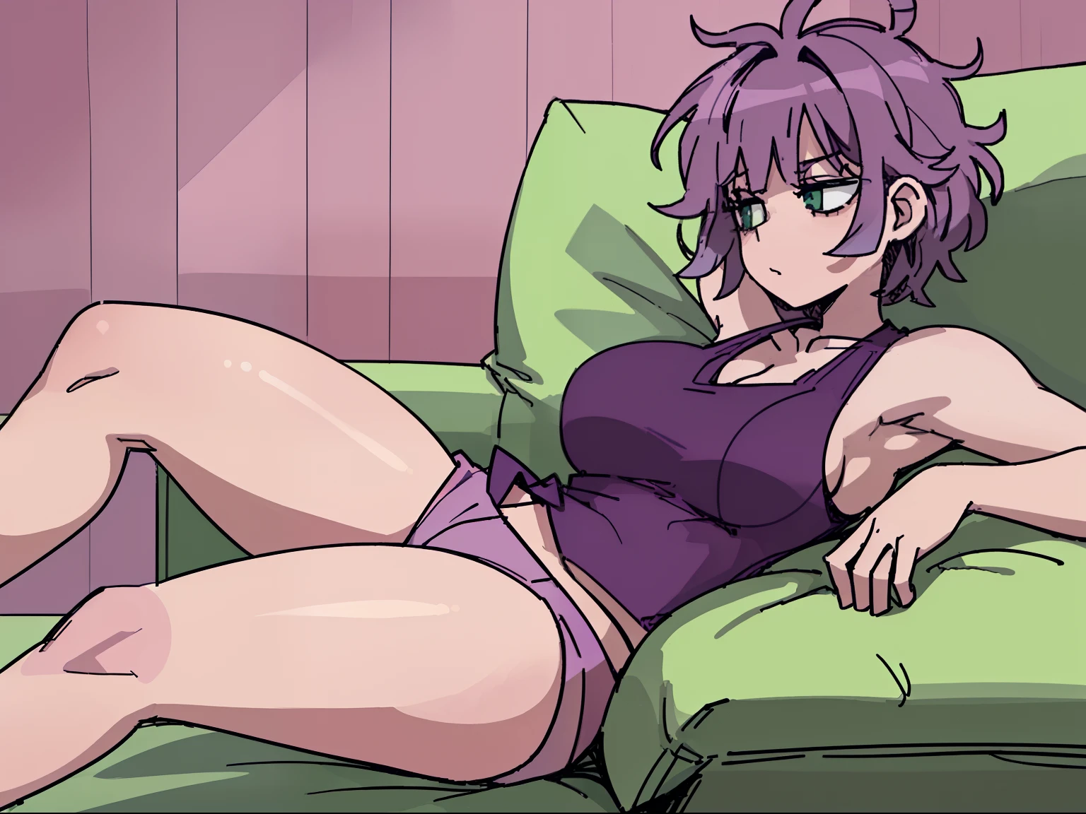 (2d), (masterpiece), best quality, expressive eyes, perfect, 1girl, solo, adult woman, cute cute, ((purple hair), (curly short purple hair), (short purple hair), (messy hair), (messy purple hair)), green eyes, cute face, (sleepy face, tired face, dark circles in the eyes), big cheeks, round cheeks, big lips, red lips ((pink sleeveless shirt), (pink sleeveless cropped), (pink sleeveless cropped shirt, pink sleeveless top)), (), ((dark green pants), (dark green cargo pants)), socks, ((laying down, laying down on a couch, calm pose)), bedroom background, bed, bedroom, afternoon, sunset