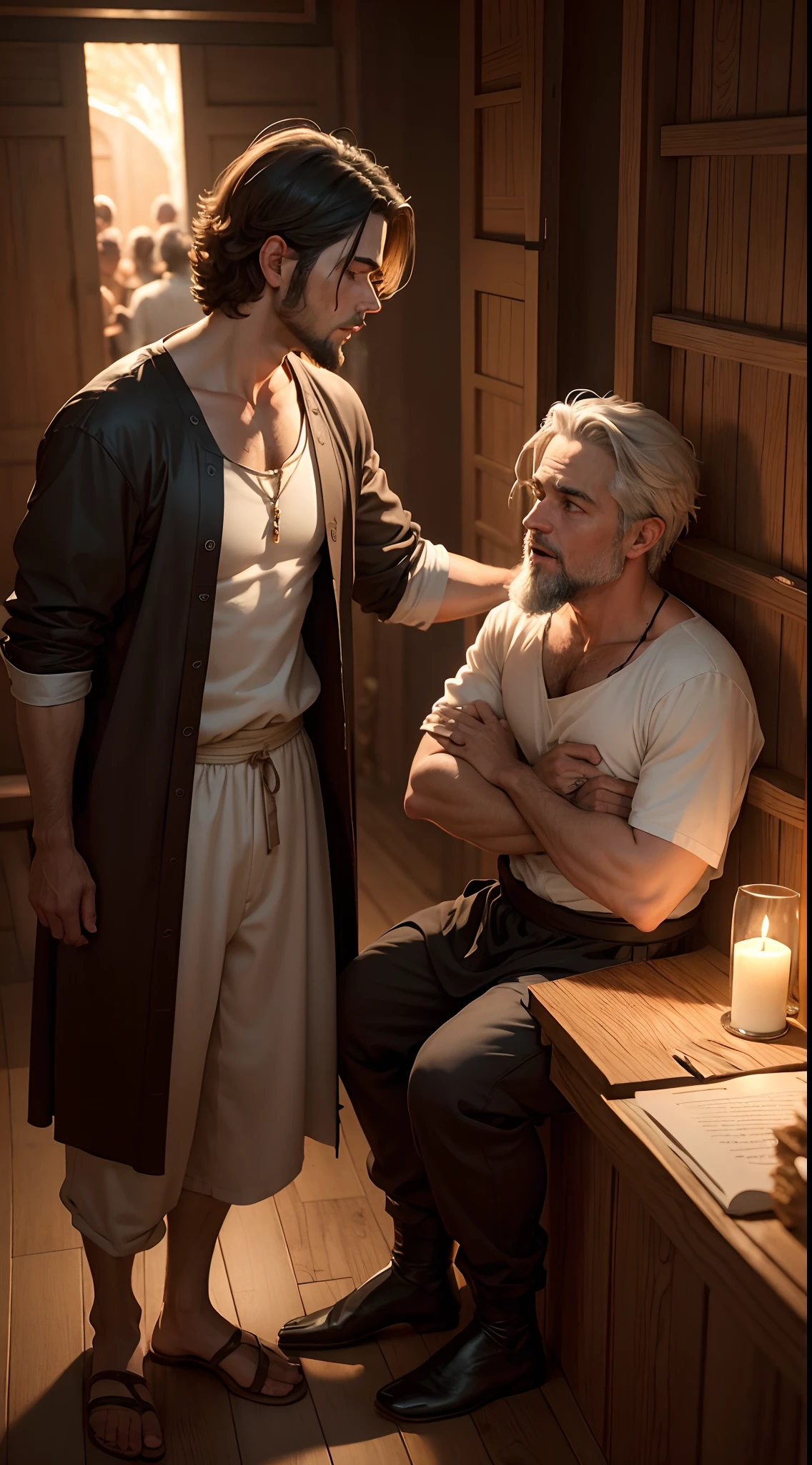 Half elf, sleepy eyes, Wise man, neck-length hair, messy hair, thin beard, drunkard, mediaval, Dress neatly, Wearing a shirt and robe, white hair, lazy face,white eyes, black shirt and robe