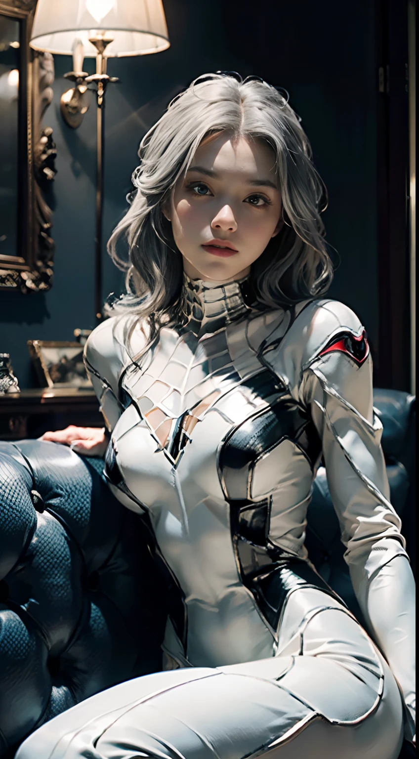 (Extreme Detail CG Unity 8K wallpaper, masterpiece, highest quality), (Exquisite lighting and shadow, highly dramatic picture, Cinematic lens effect), a girl in a white Spider-Man costume, silver gray hair color, from the Spider-Man parallel universe, Wenger, Marvel, Spider-Man, sitting on the couch, dynamic pose), (excellent detail, excellent lighting, wide angle), (excellent rendering, enough to stand out in its class), focus on white Spider-Man costumes, complex spider textures