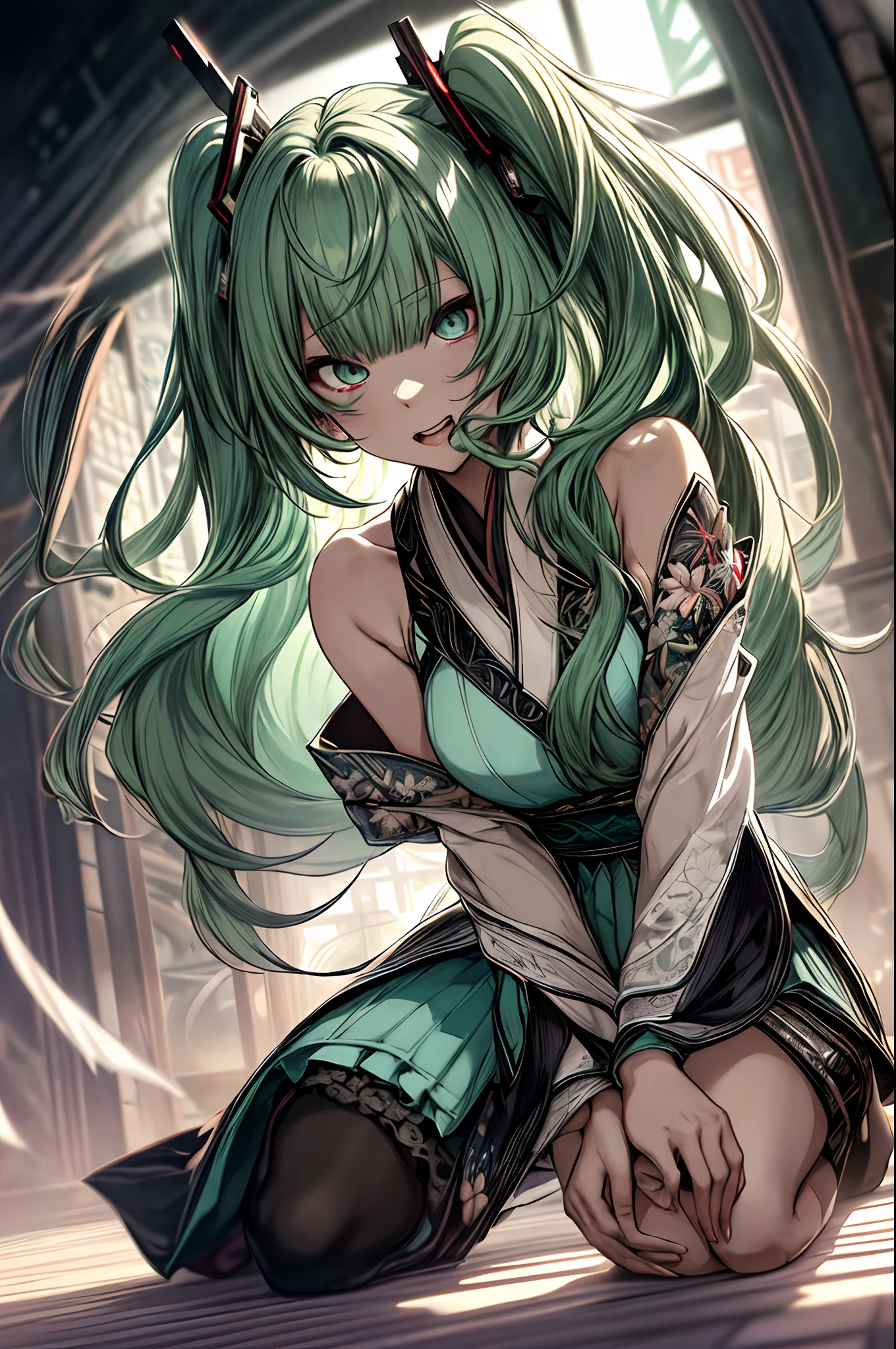 Full body、Japanese dress、Kimono Dresses、long、miku hatsune、Green hair、Twin-tailed、Ahegao ( Silly / Sexual ecstasy)、Cross-eyed、Stranger、View other people、Blunt bangs、 over-kneehighs,Ahegao , Silly,Sexual ecstasy,Drunken eyes,Blunt bangs, Green hair,(masutepiece:1.2, Best Quality), (finely detailed beautiful eye: 1.2), (Detailed background,Dark Fantasy), (beautifull detailed face), High contrast, (Best Illumination, extremely delicate and beautiful), ((Cinematic Light)), Colorful, Hyper Detail, Dramatic light, Intricate details,