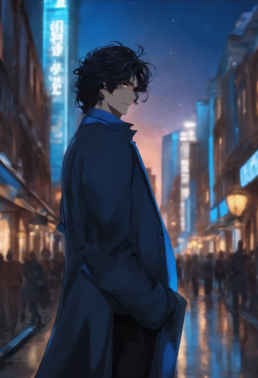 Personagem de anime com cabelo preto e roupas azul ,Stand Up,Carrying a glass in your hand,The background is in a city, homem, pele escura, olhos preto