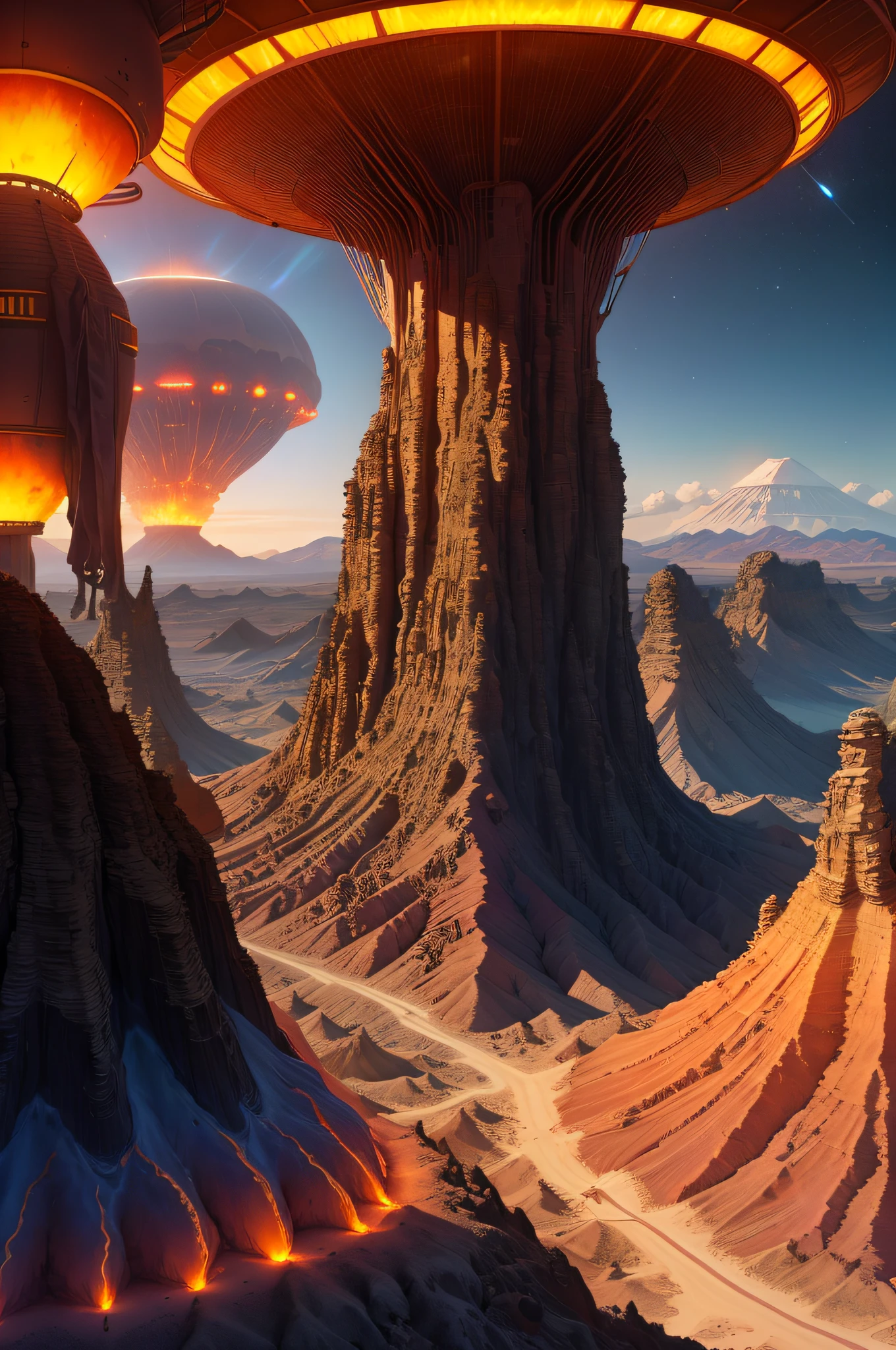 Alien base (Very detailed) In the mountainous desert,There are several exhaust fans and chimneys, Some spotlights come out of the base to illuminate dark places, (Extreme nights), Some clouds in the night sky, Some of the surrounding planets provide air to unknown planets,The farthest giant volcano is erupting