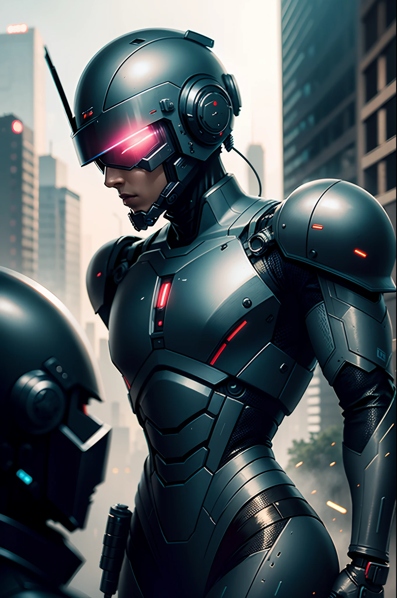 Realistic black combat android in an advanced cybernetic suit with cyberpunk technological helmet and visor