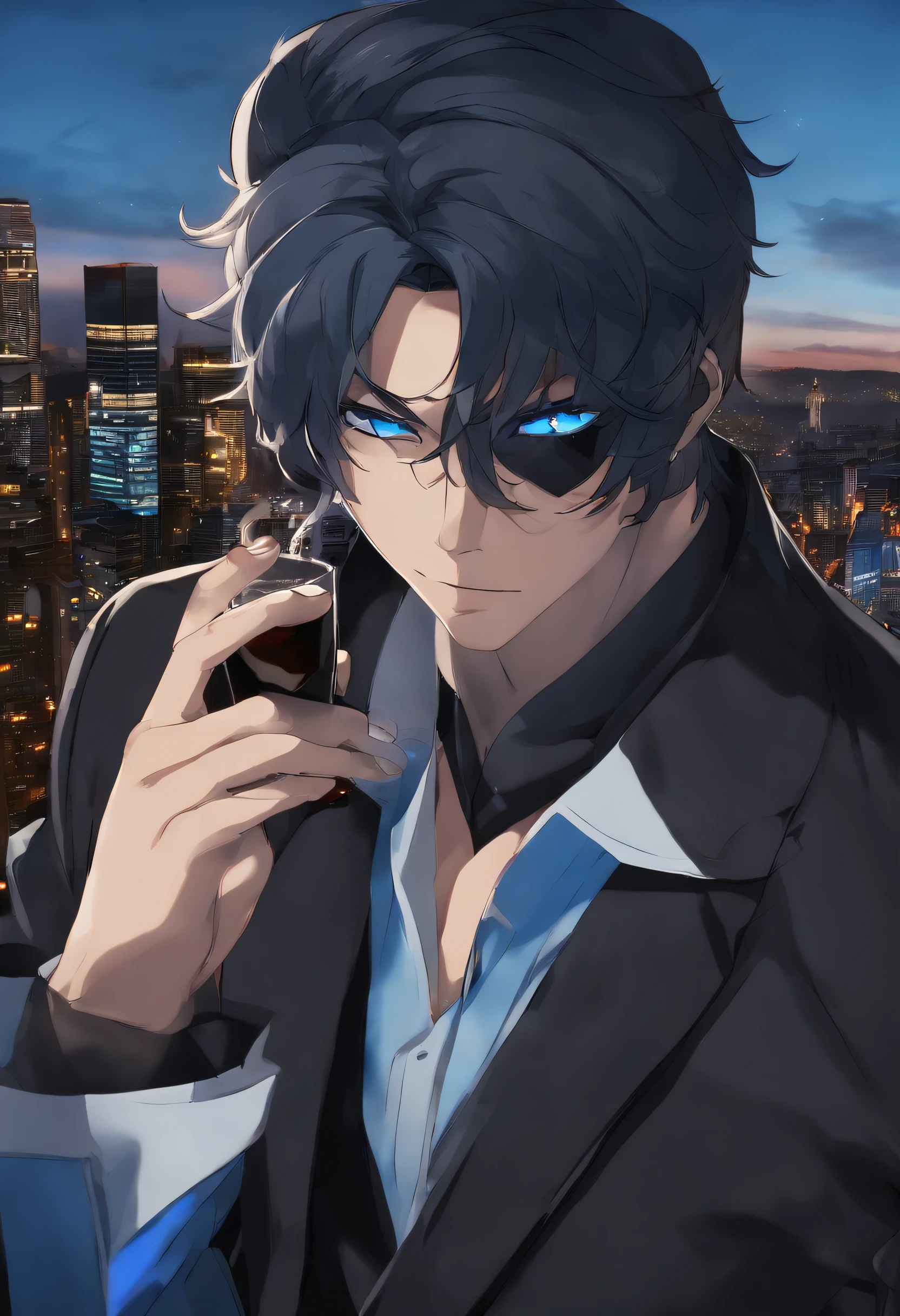 Personagem de anime com cabelo preto e roupas azul ,Stand Up,Carrying a glass in your hand,The background is in a city, homem, pele escura, olhos preto