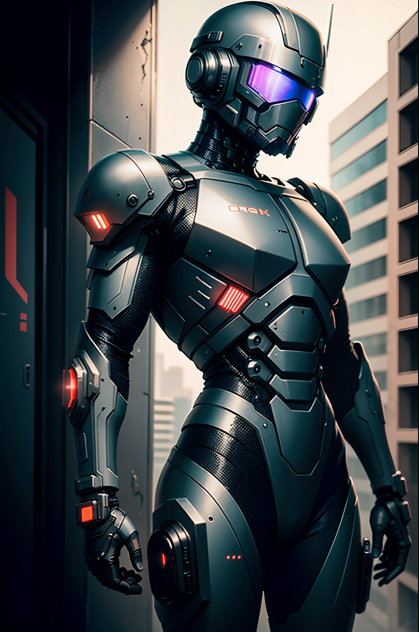 Realistic black combat android in an advanced cybernetic suit with cyberpunk technological helmet and visor