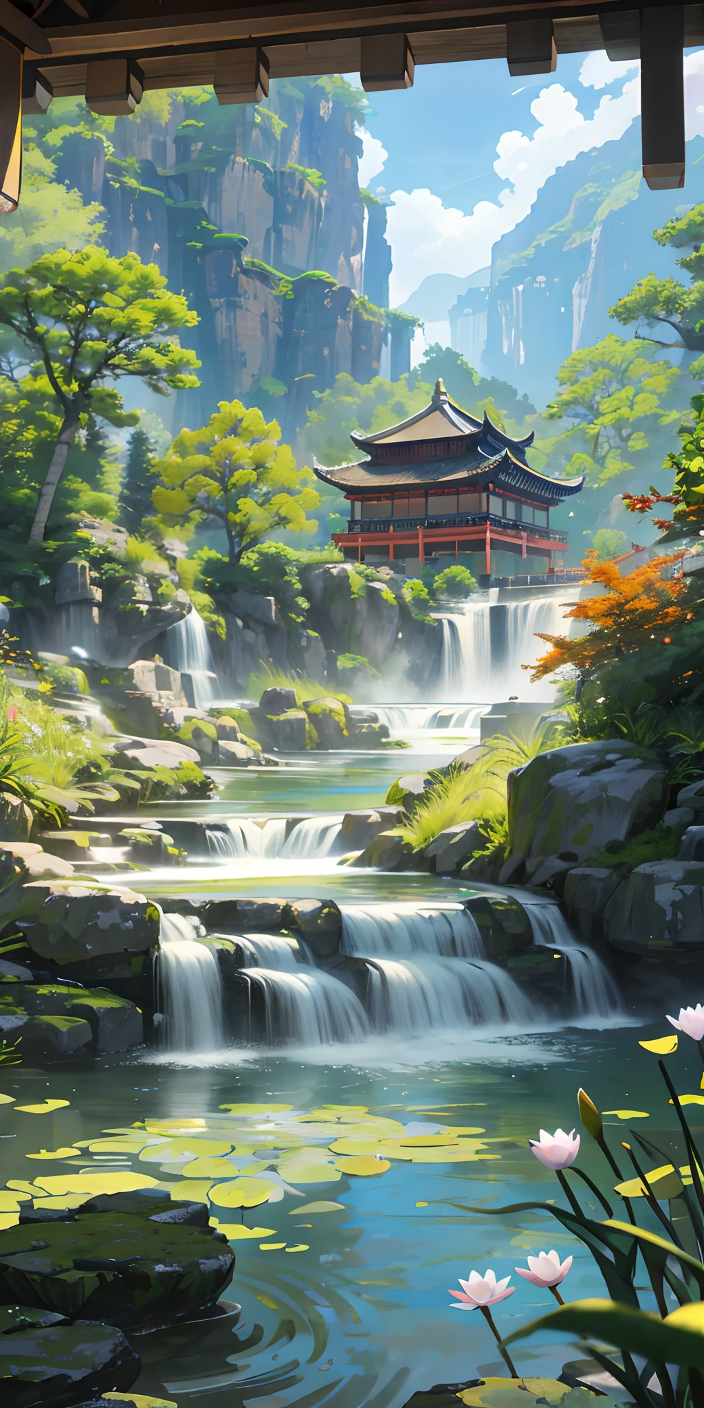 Ancient Chinese architecture, autumn, bamboo, lake, stone bridge, rockery, arch, corner, tree, tap water, landscape, waterfall, meadow, rock, water lily, hot springs, water vapor, (illustration: 1.0), epic composition, realistic lighting, high-definition detail, masterpiece, best quality, (very detailed CG unified 8k wallpaper), 1 man,  wide shot
